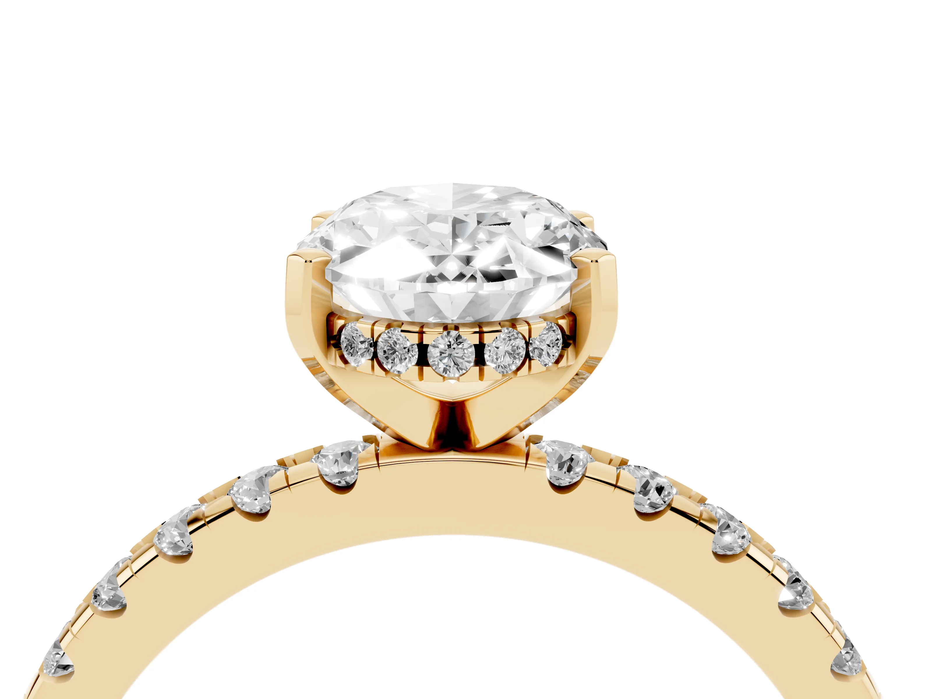 Oval Cut Diamond Pavé Solitaire Ring Set in Yellow gold with Round Band Accents and Prong Setting
