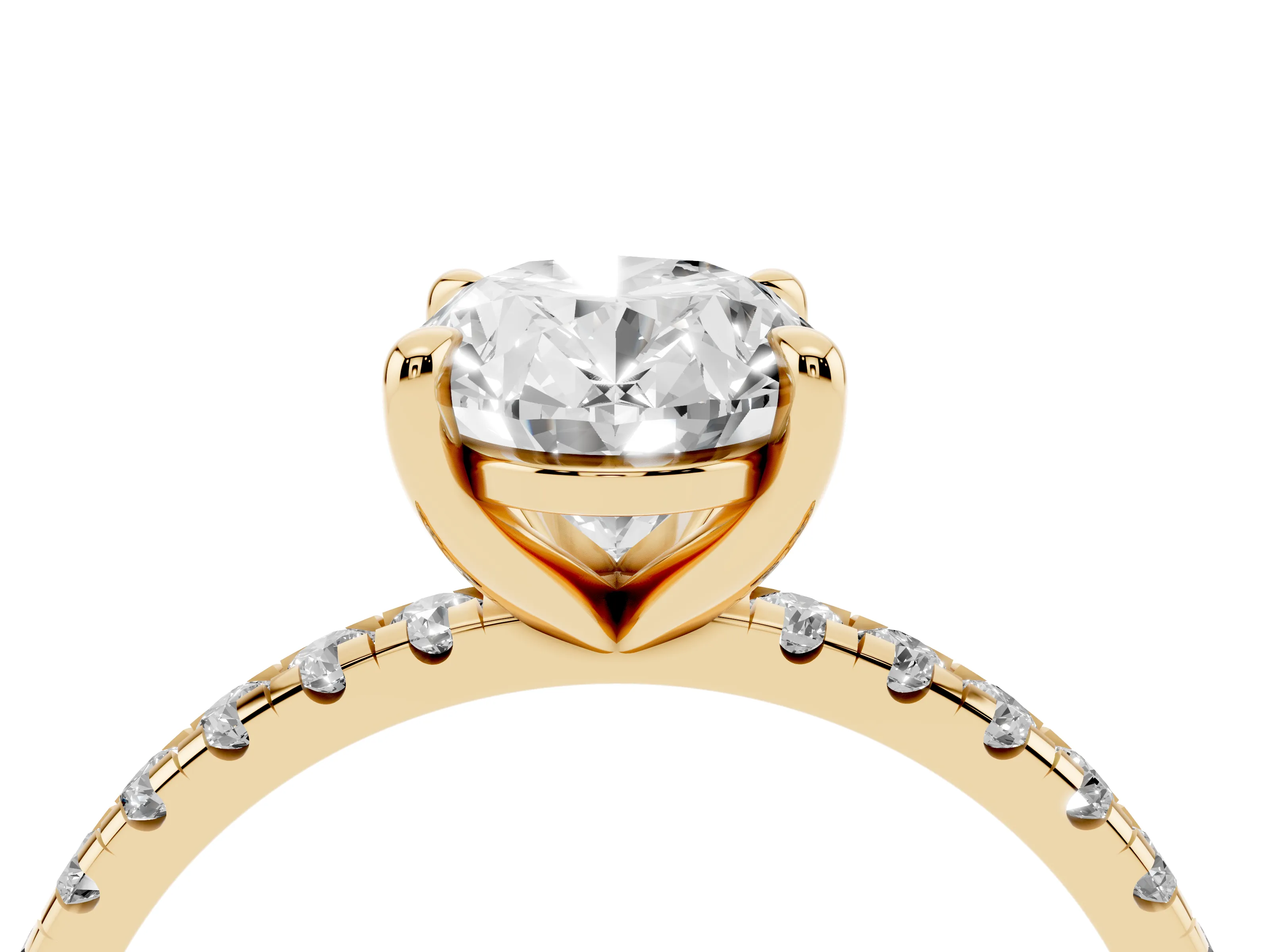 Oval Cut Diamond Brilliant Solitaire Ring Set in Yellow gold with Pavé Band and Prong Setting