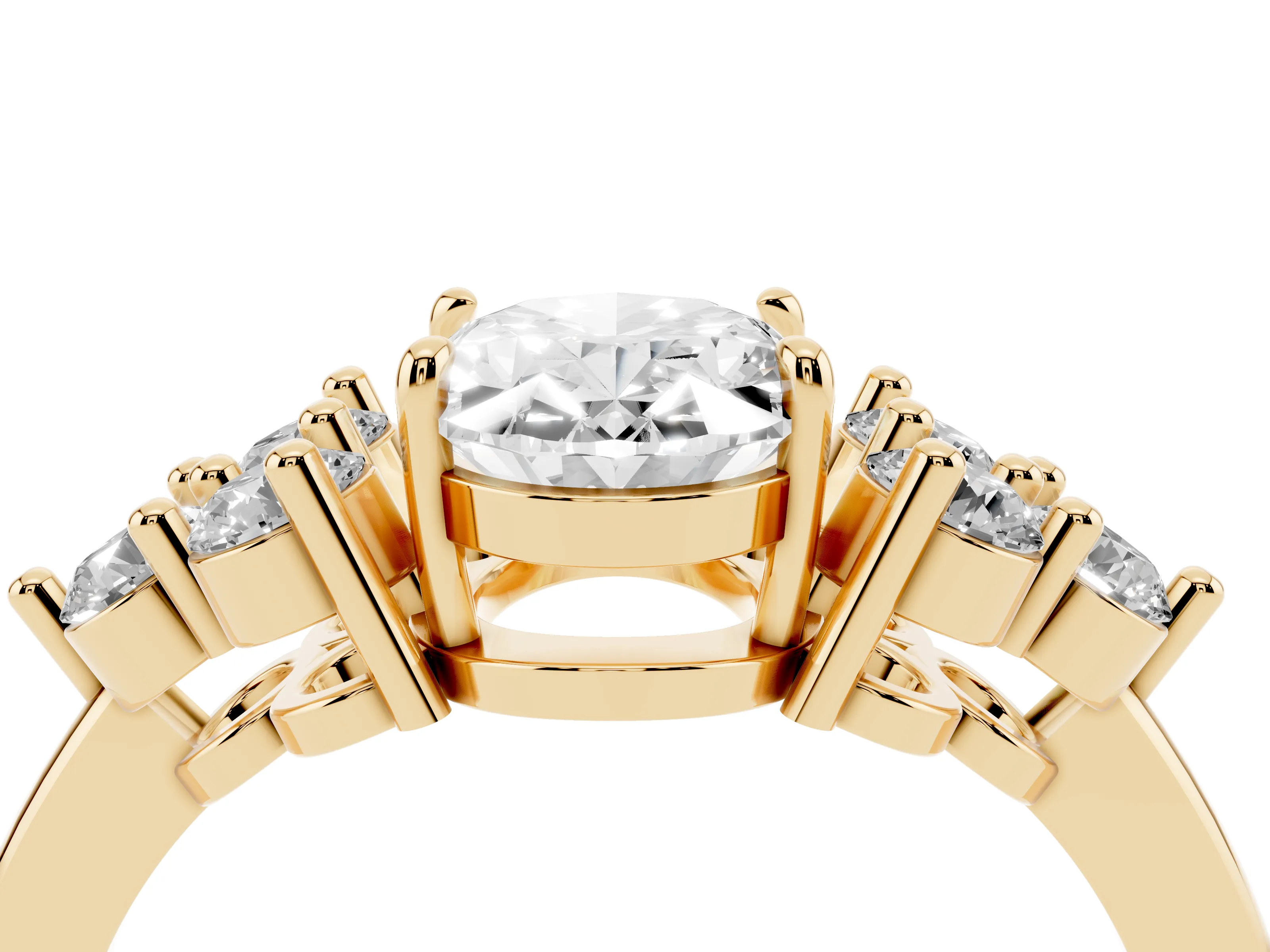 Oval Cut Diamond Solitaire Ring Set in Yellow gold with Cluster Accents on Each Side