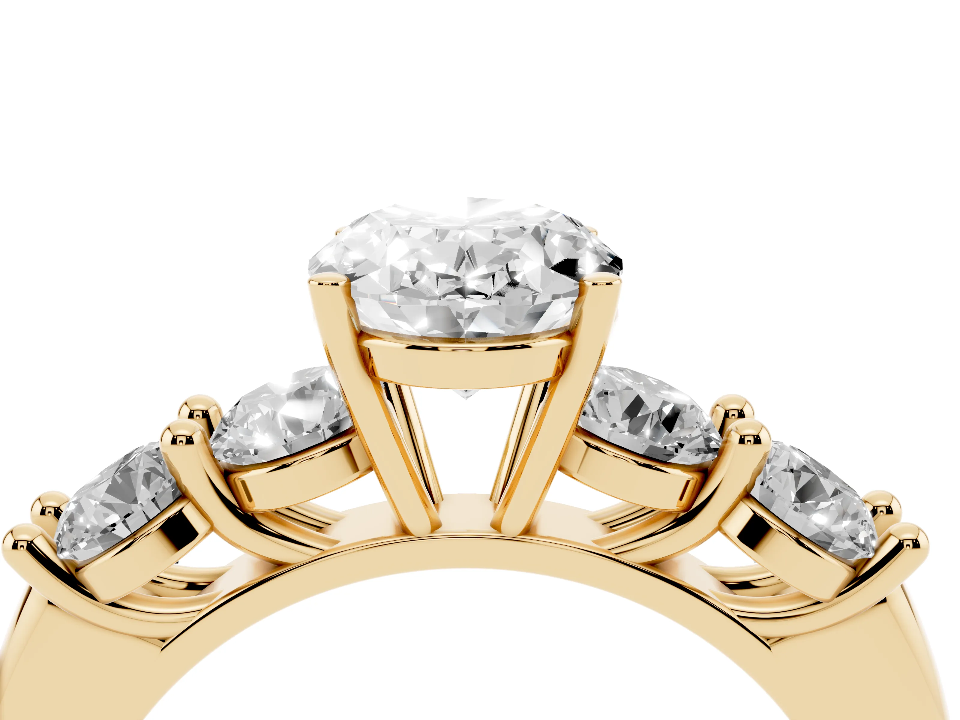 Oval Cut Diamond Five-Stone Prong Set Ring Set in Yellow gold with Classic Band