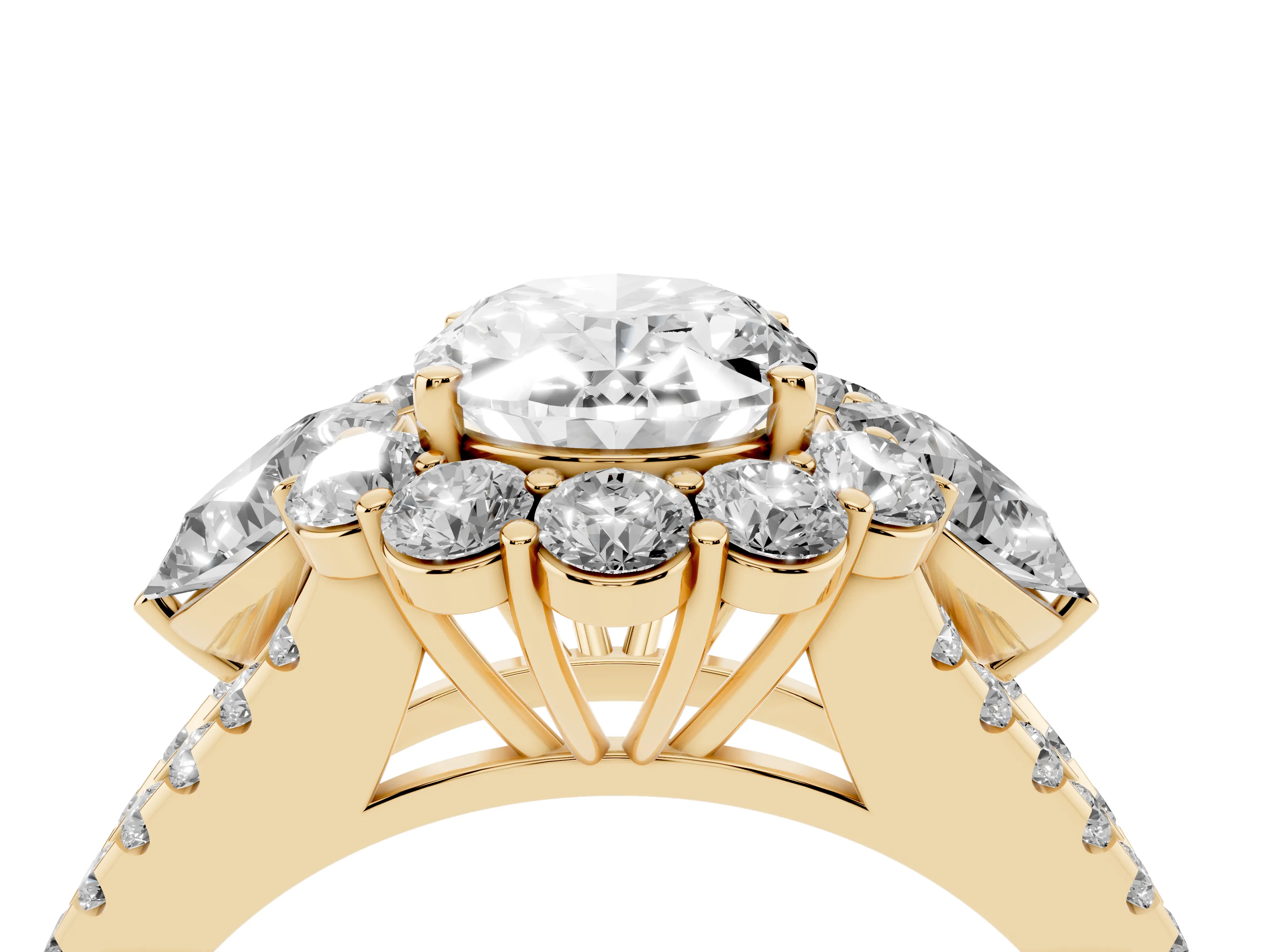 Oval Cut Diamond Halo Split Shank Engagement Ring Set in Yellow gold with Prong-Held Center Stone
