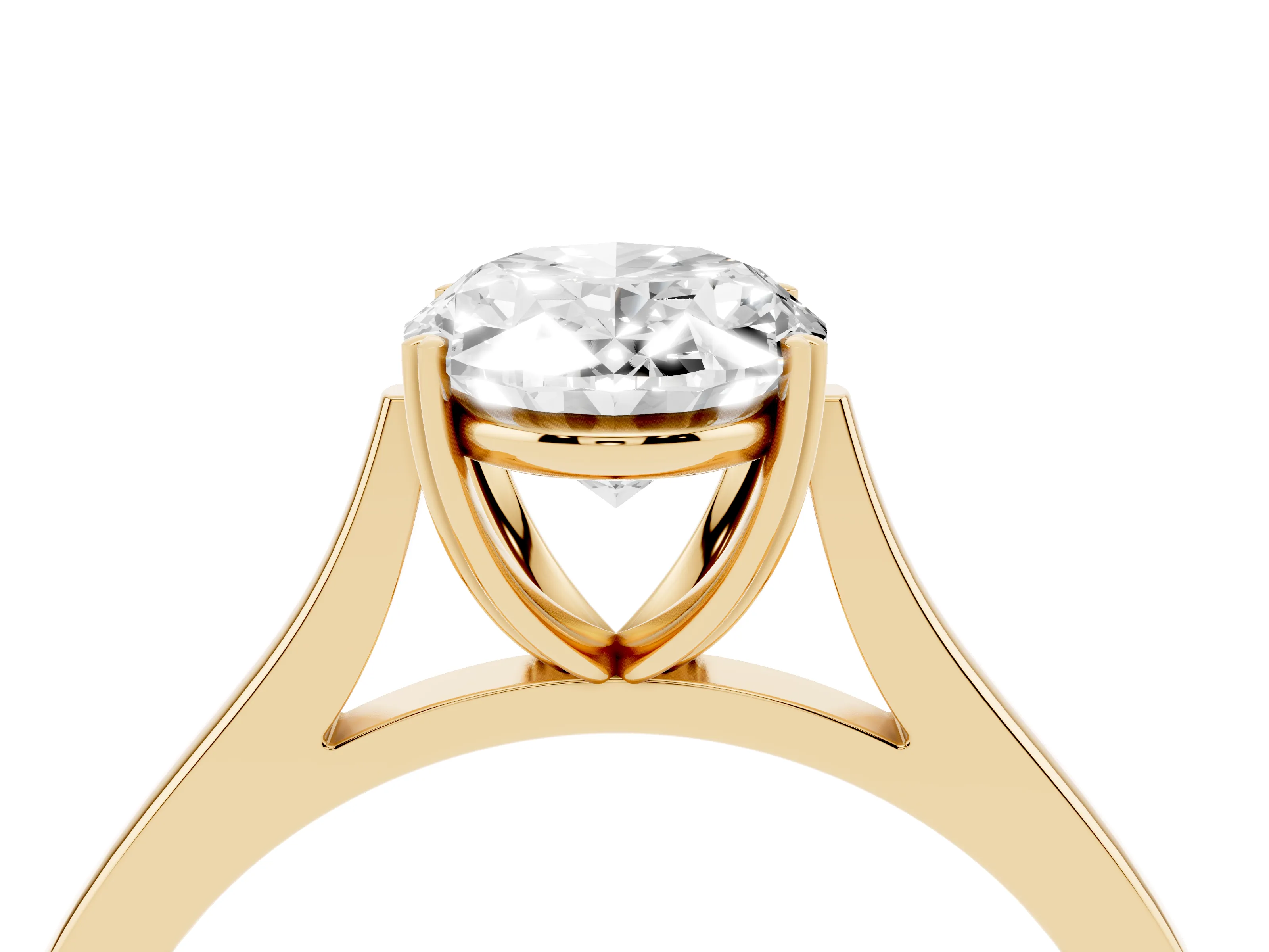 Oval Cut Diamond Solitaire Heart Prong Engagement Ring Set in Yellow gold with Tapered Band
