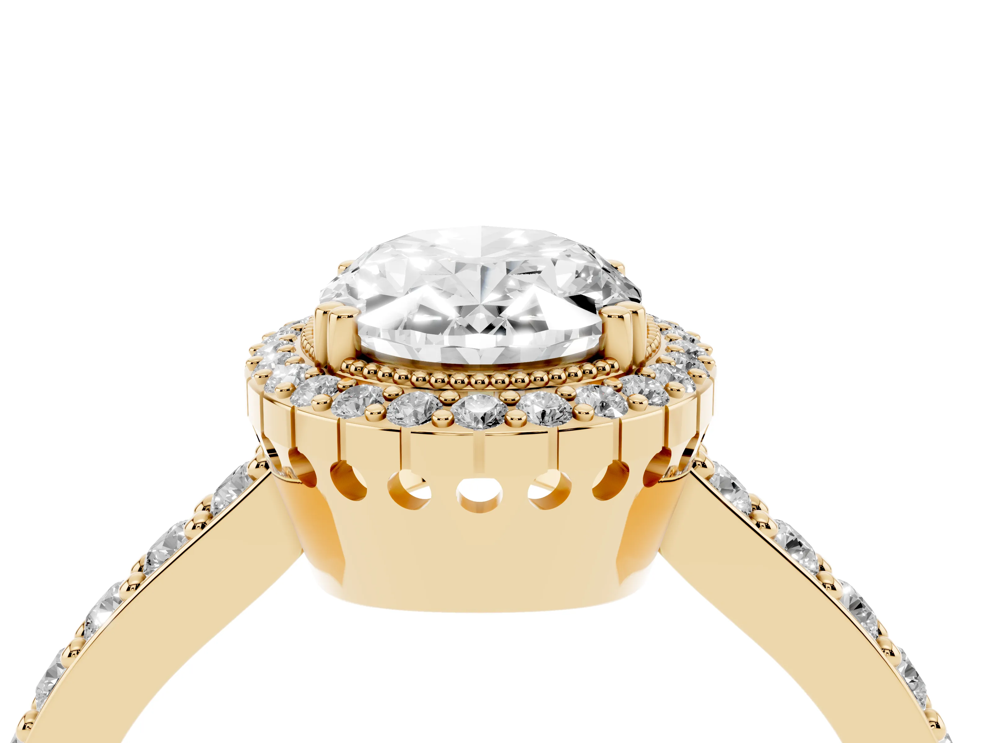 Oval Cut Diamond Halo Engagement Ring Set in Yellow gold with Milgrain Detail and Pavé Band