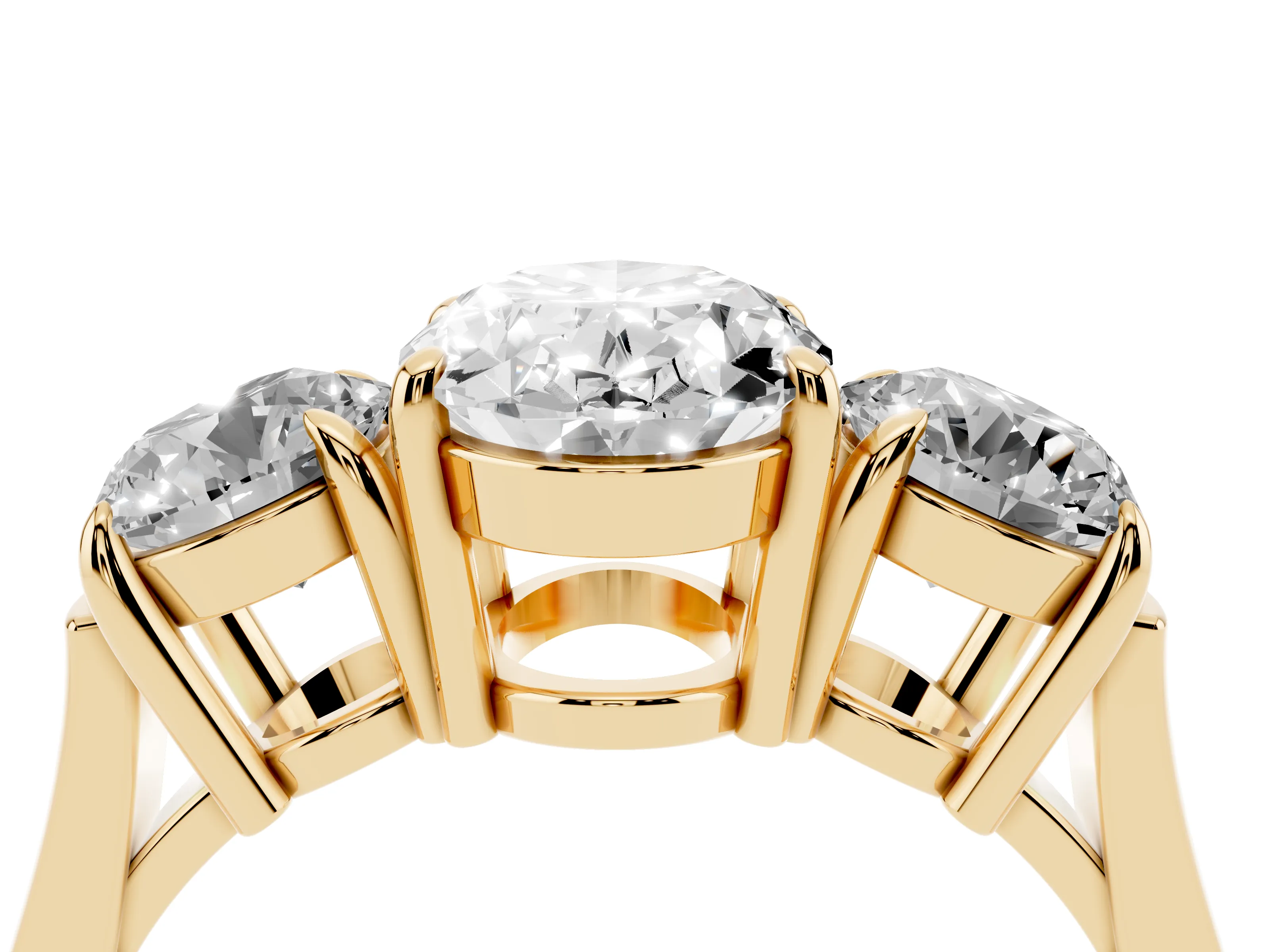 Oval Cut Diamond Three-Stone Ring Set in Yellow gold with Round Accent Stones and Plain Band