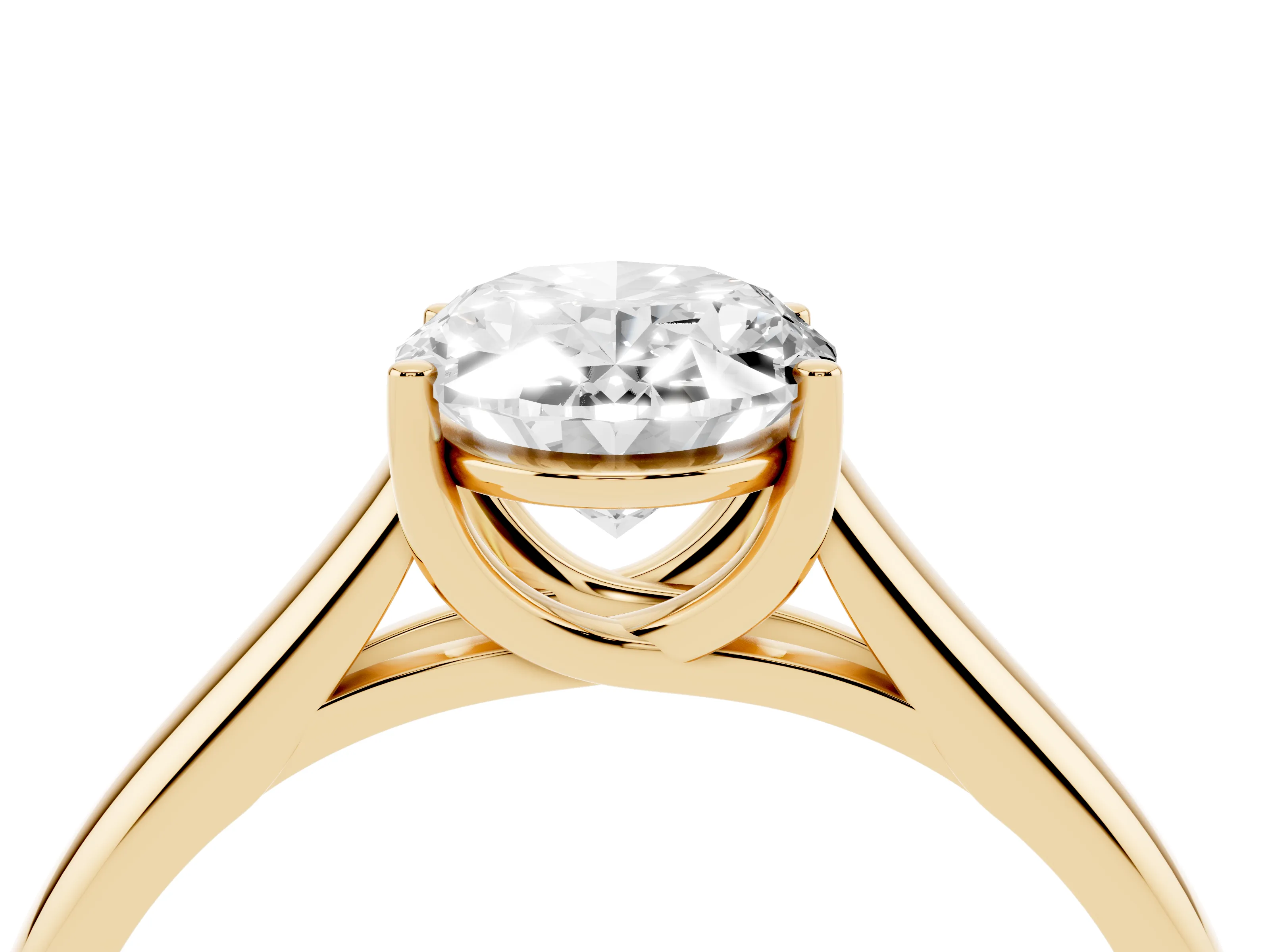 Oval Cut Diamond Solitaire Engagement Ring Set in Yellow gold with Subtly Tapered Band and Prong Setting