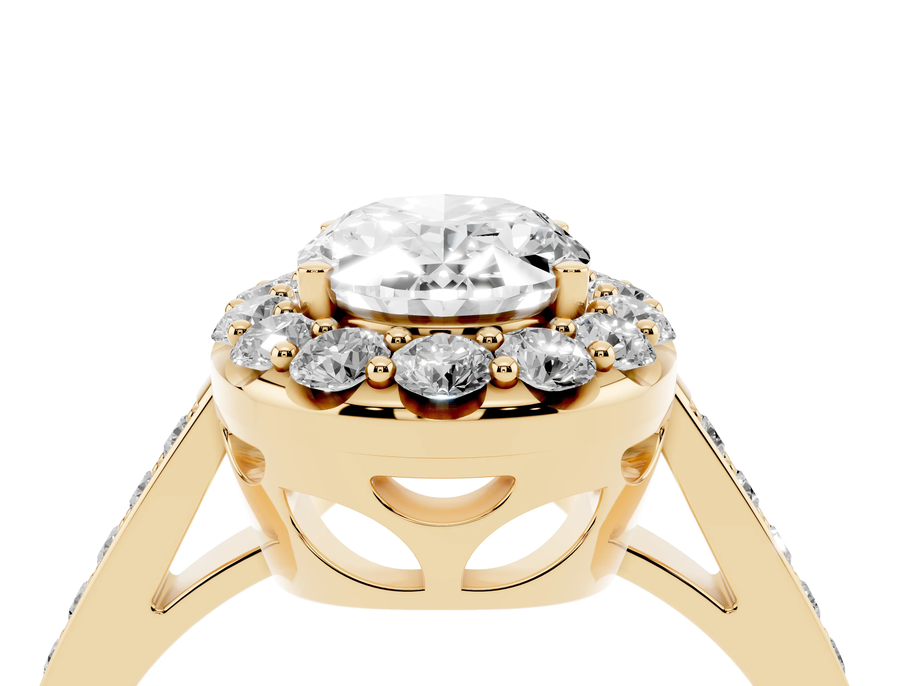 Oval Cut Diamond Floral Halo Ring Set in Yellow gold with Pavé Band and Prong Setting