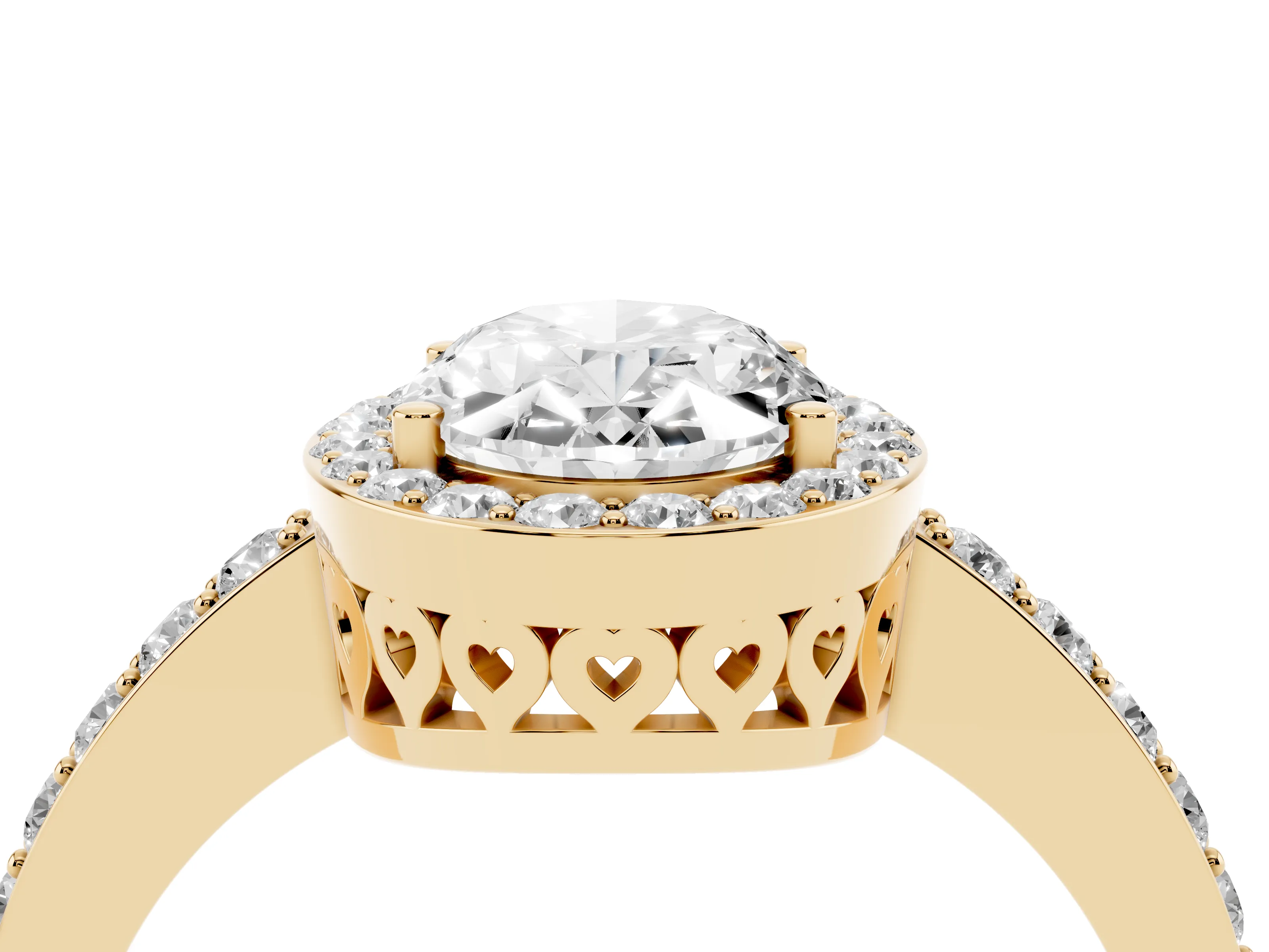 Oval Cut Diamond Halo Ring Set in Yellow gold with Pavé-Setting Band and Open Prong Center