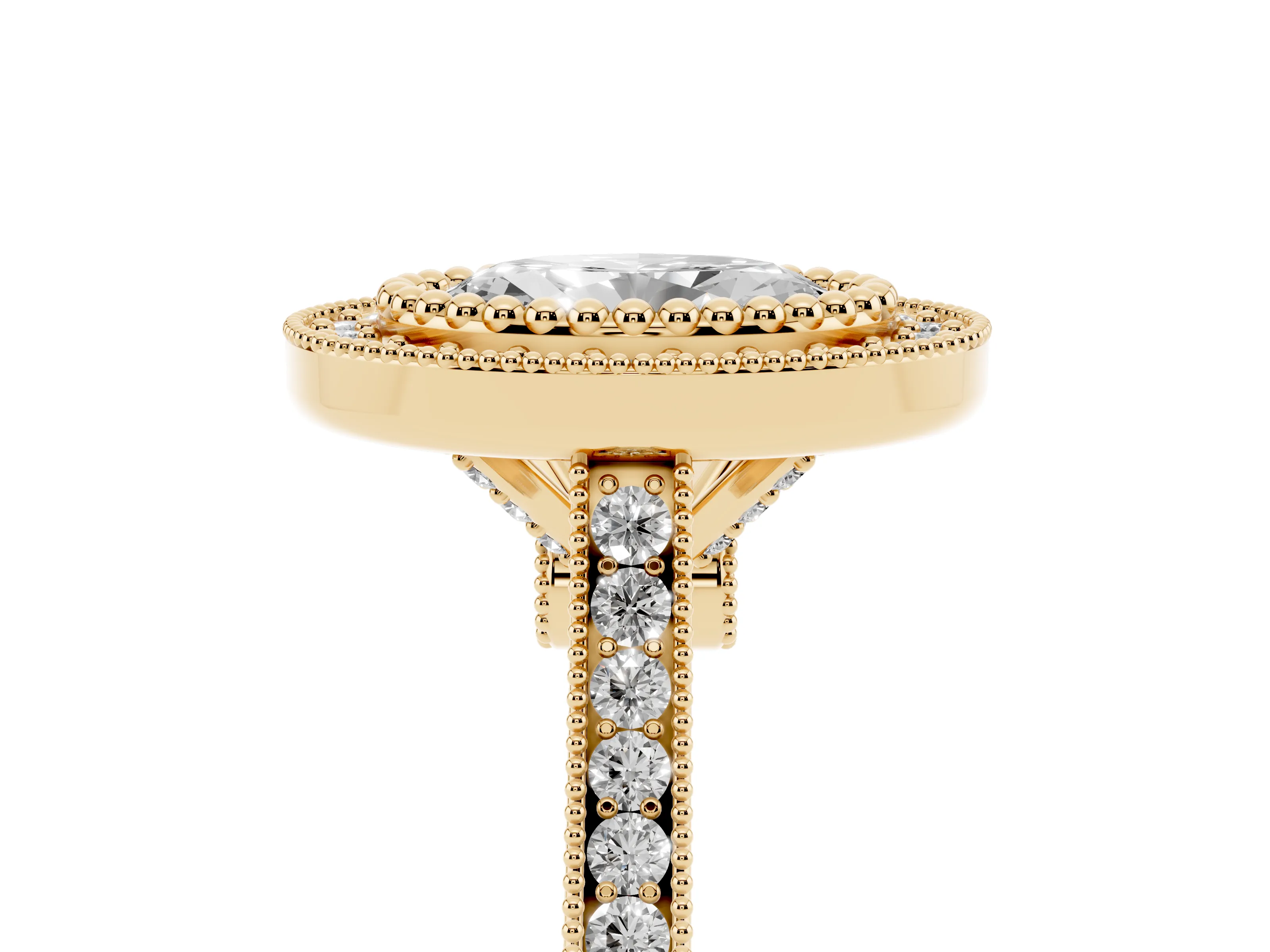 Oval Cut Diamond Halo Ring Set in Yellow gold with Milgrain Frame and Pavé Band