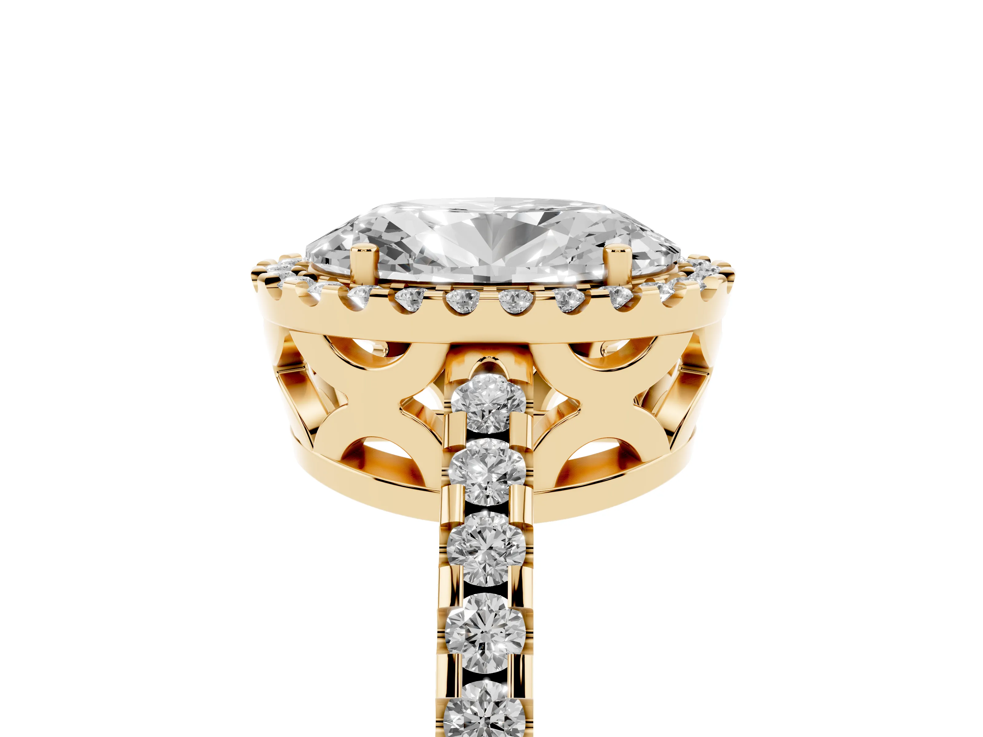 Oval Cut Diamond Halo Ring Set in Yellow gold with Pavé Shoulders and Halo-Framed Center