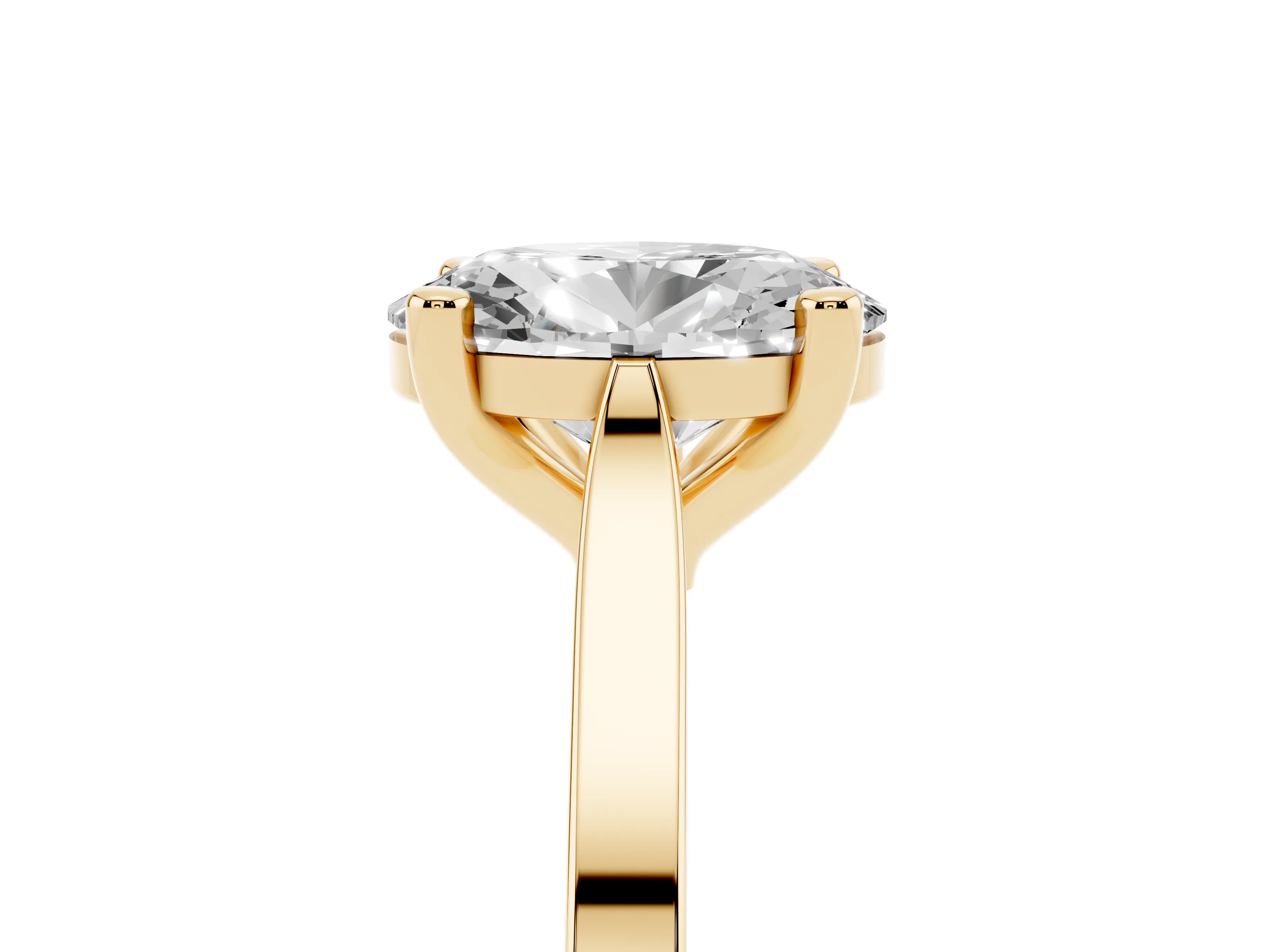 Oval Cut Diamond Solitaire Ring Set in Yellow gold with Prong Setting and Tapered Band