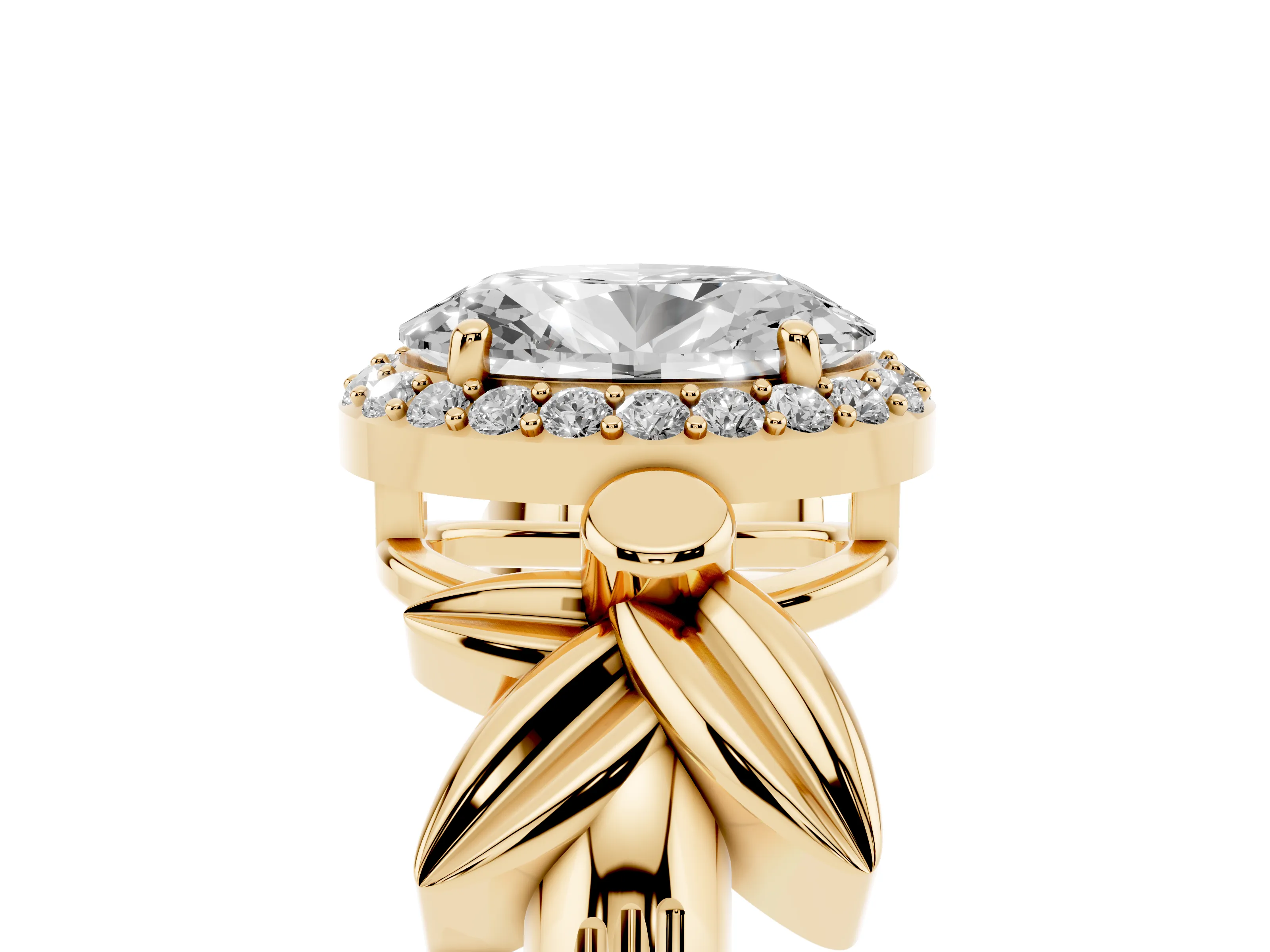 Oval Cut Diamond Halo Floral Band Ring Set in Yellow gold with Prong Setting