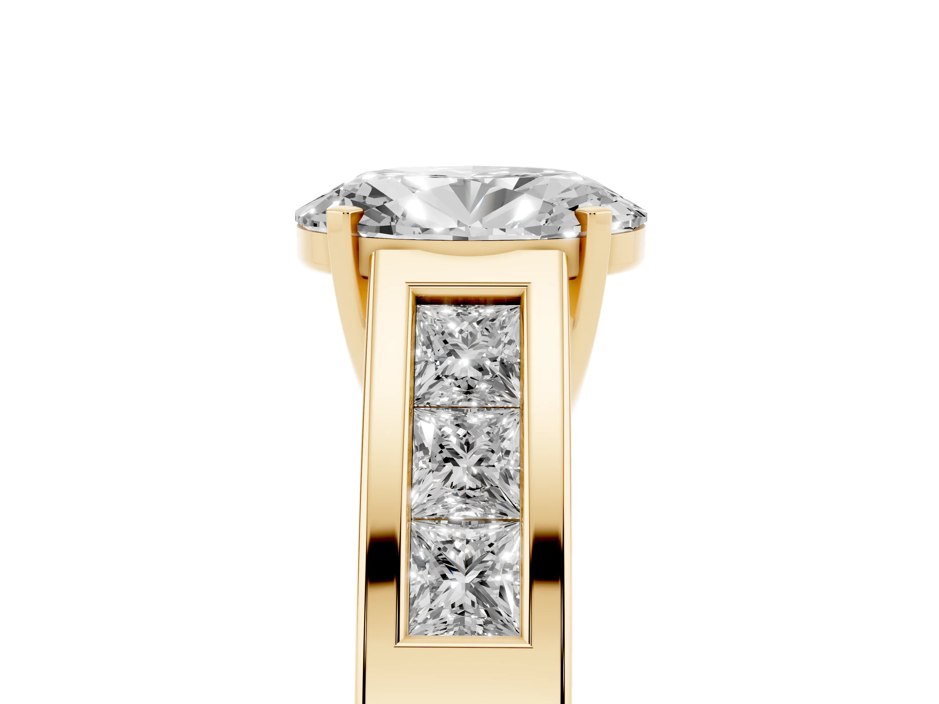 Oval Cut Diamond Solitaire Ring Set in Yellow gold with Channel-Set Accent Stones and Prong Setting