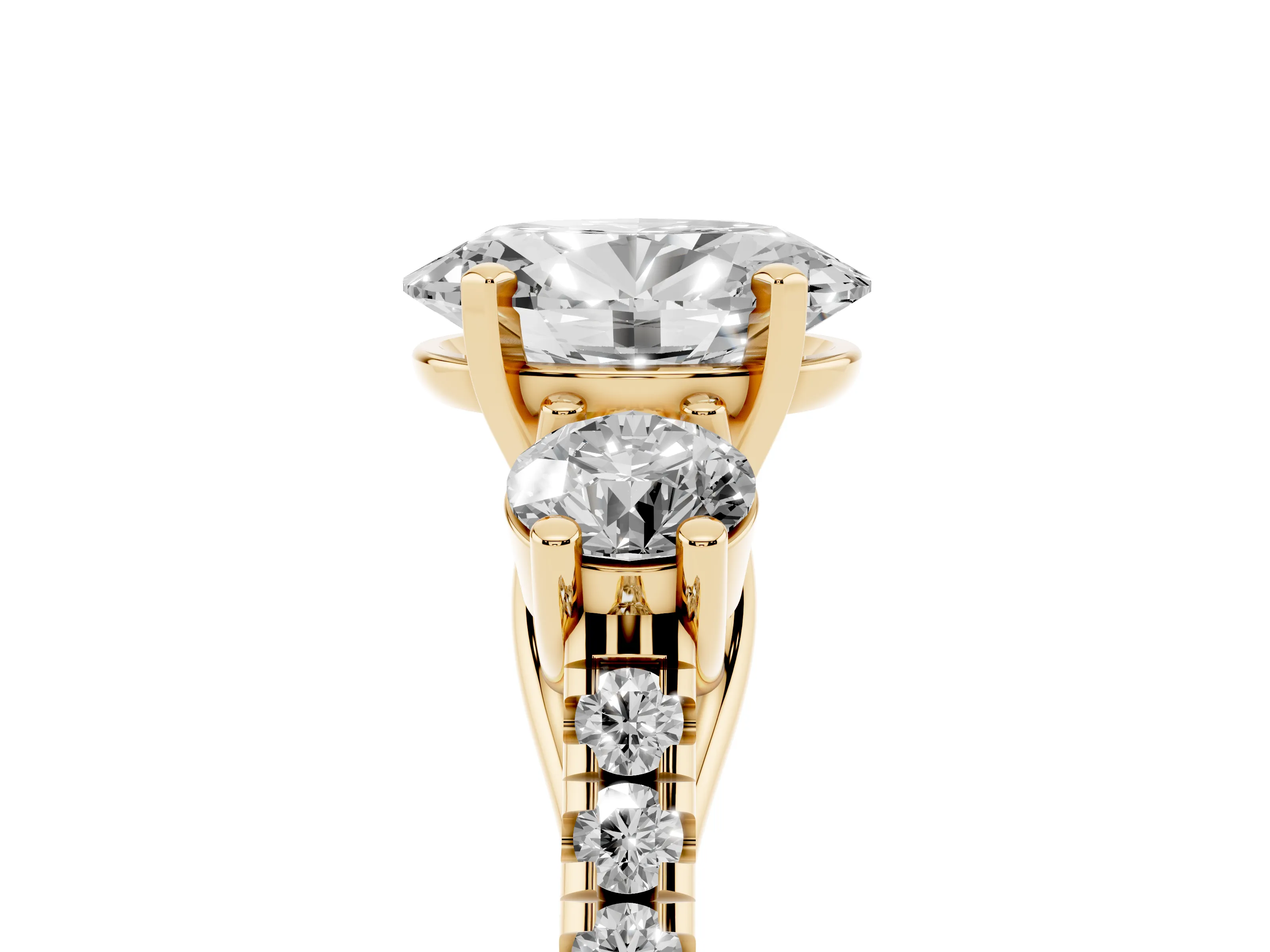 Three-Stone Oval Cut Diamond Pavé Band Ring Set in Yellow gold with Prong-Set Trio