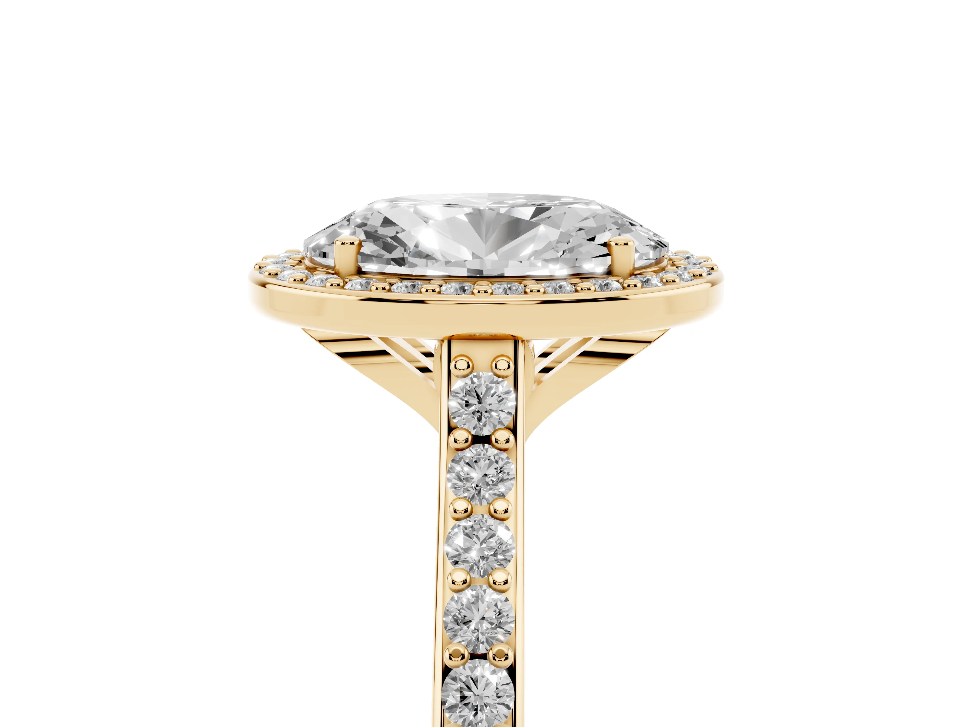 Oval Cut Diamond Halo Engagement Ring Set in Yellow gold with Round Pavé Shoulders and Heart Gallery