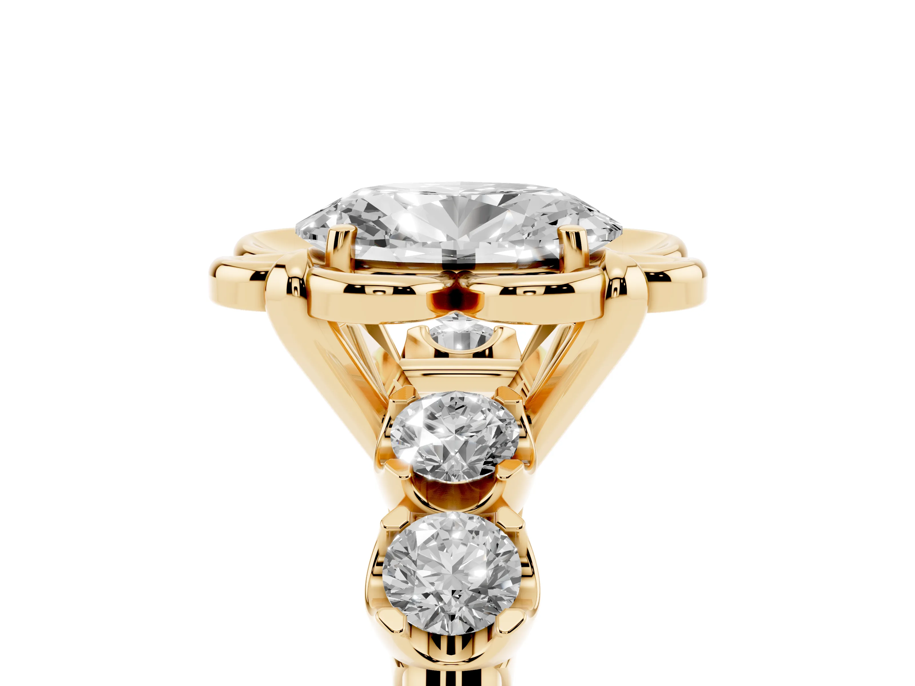 Oval Cut Diamond Floral Halo Ring Set in Yellow gold with Shared Prong Band