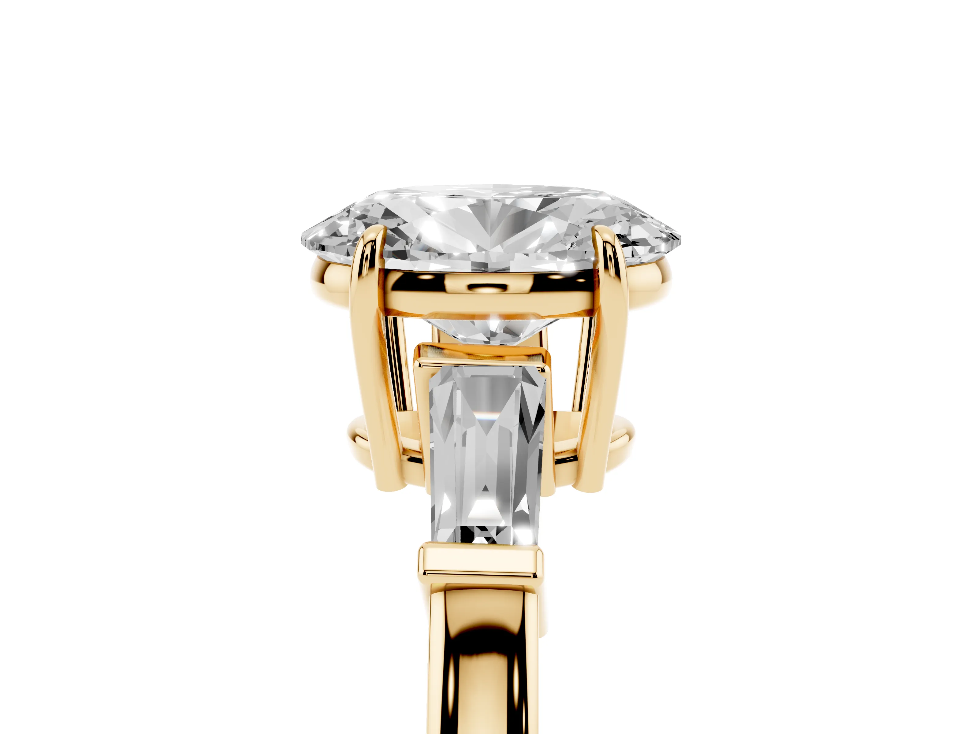 Oval Cut Diamond Three-Stone Ring Set in Yellow gold with Tapered Baguette Side Stones and Prong Setting