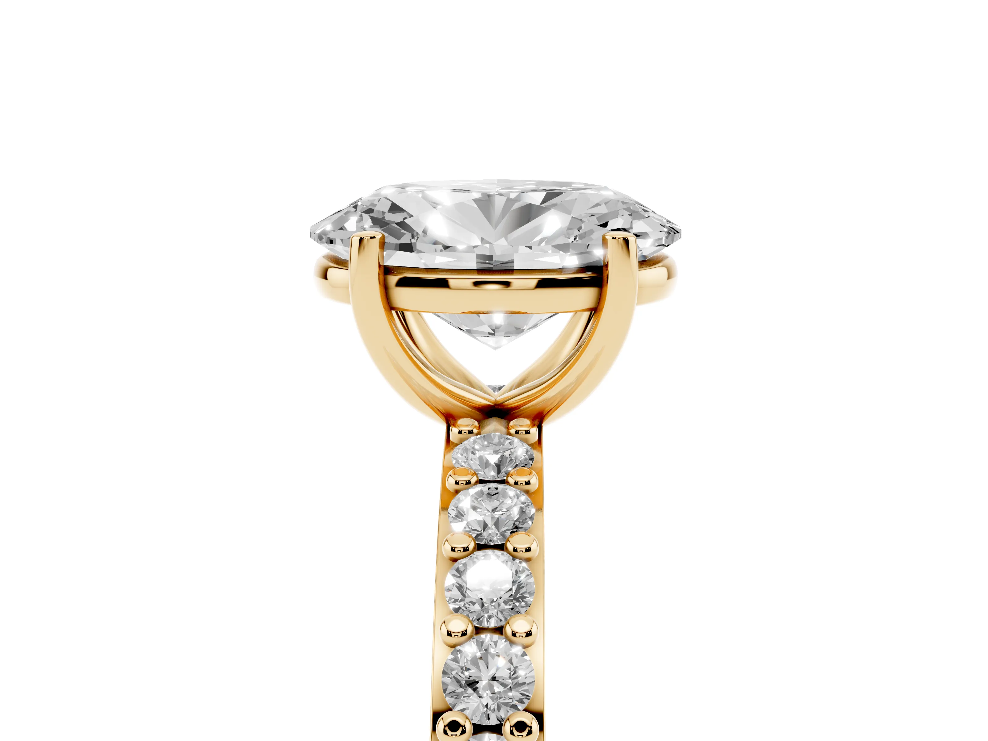 Oval Cut Diamond Solitaire Set in Yellow gold with Round Pavé Band and Prong Setting