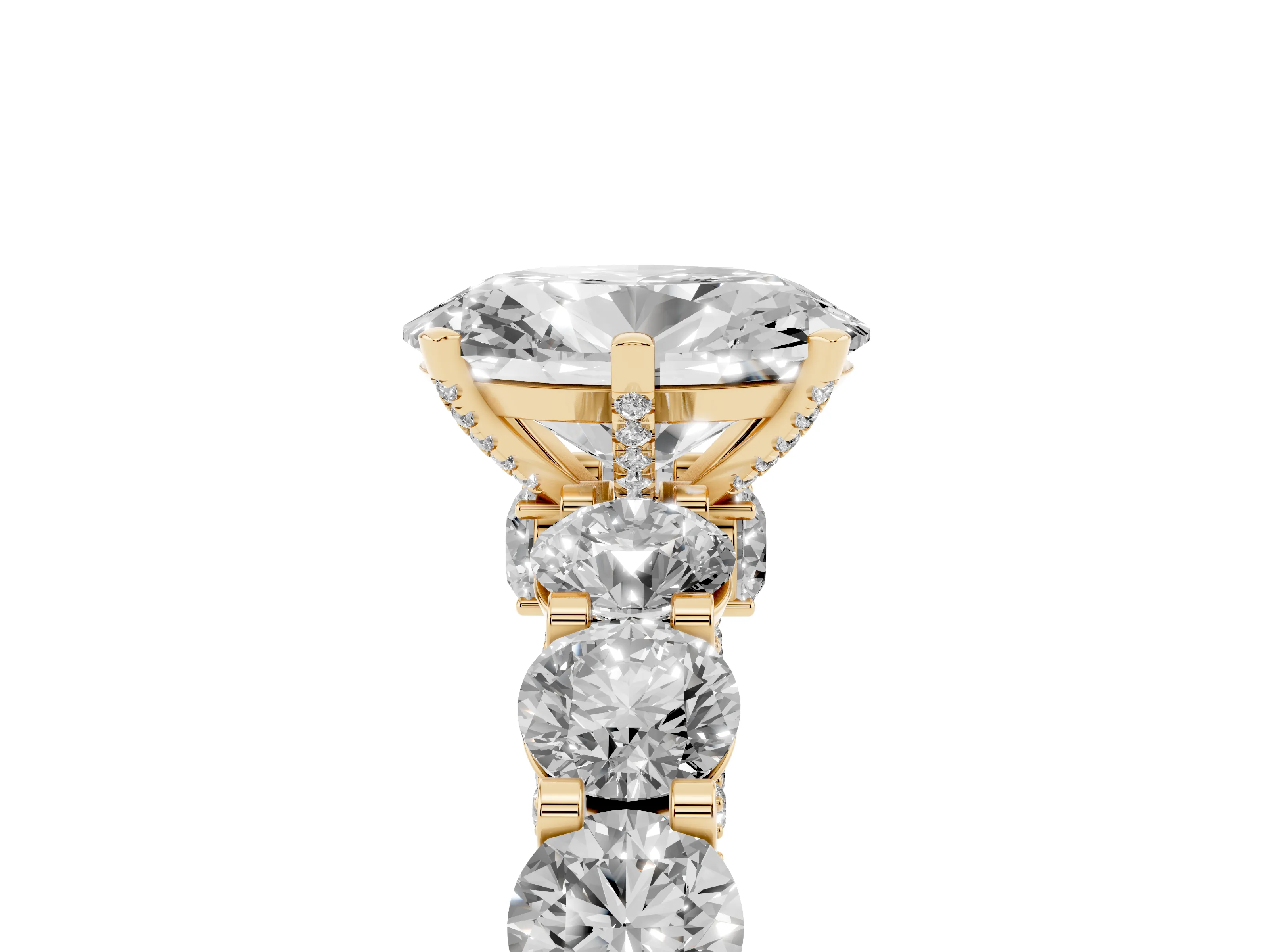 Oval Cut Diamond Side Stone Ring Set in Yellow gold with Alternating Round and Oval Side Stones