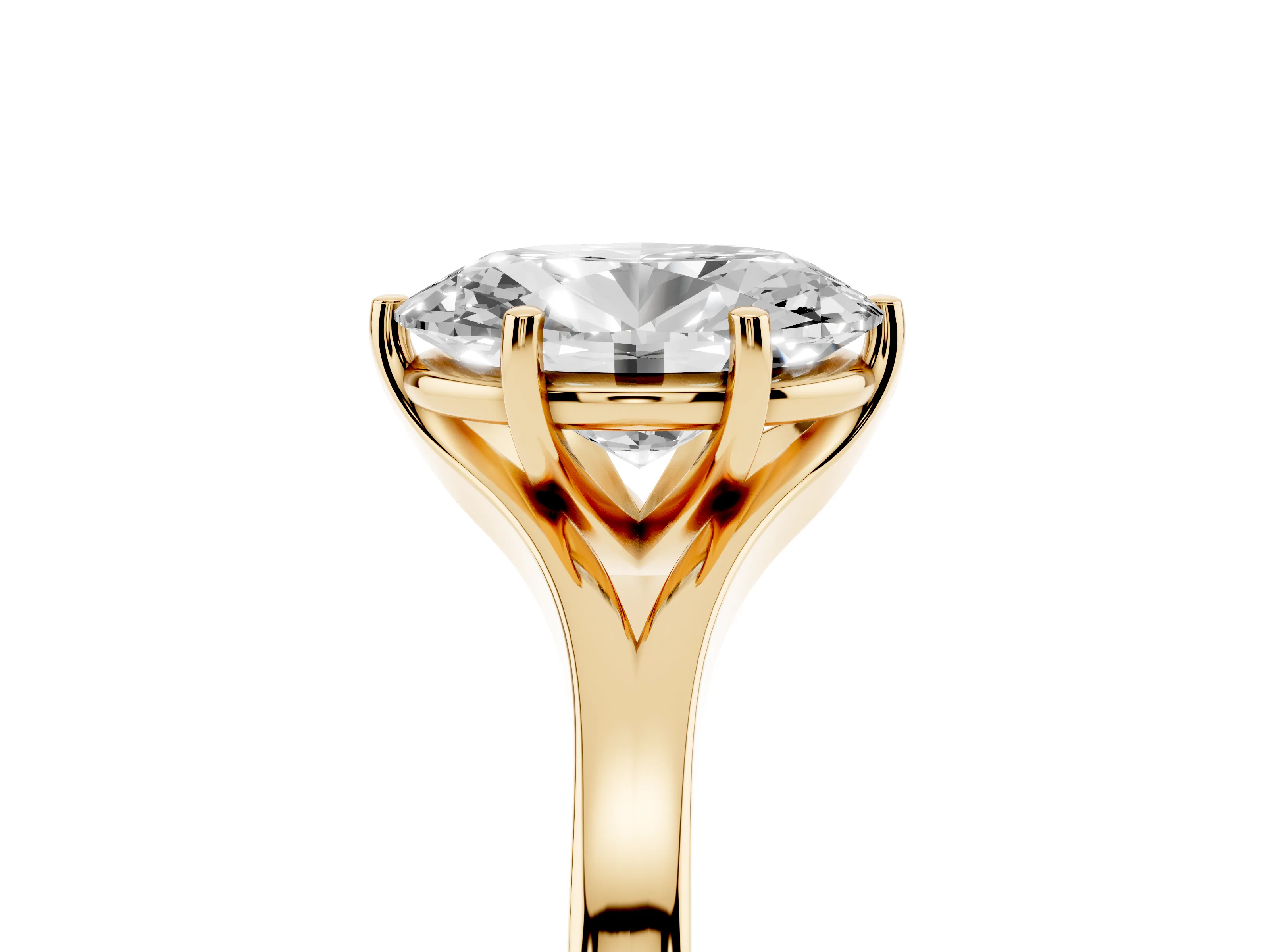 Oval Cut Diamond Solitaire Ring Set in Yellow gold with Polished Tapered Band and Prong Setting