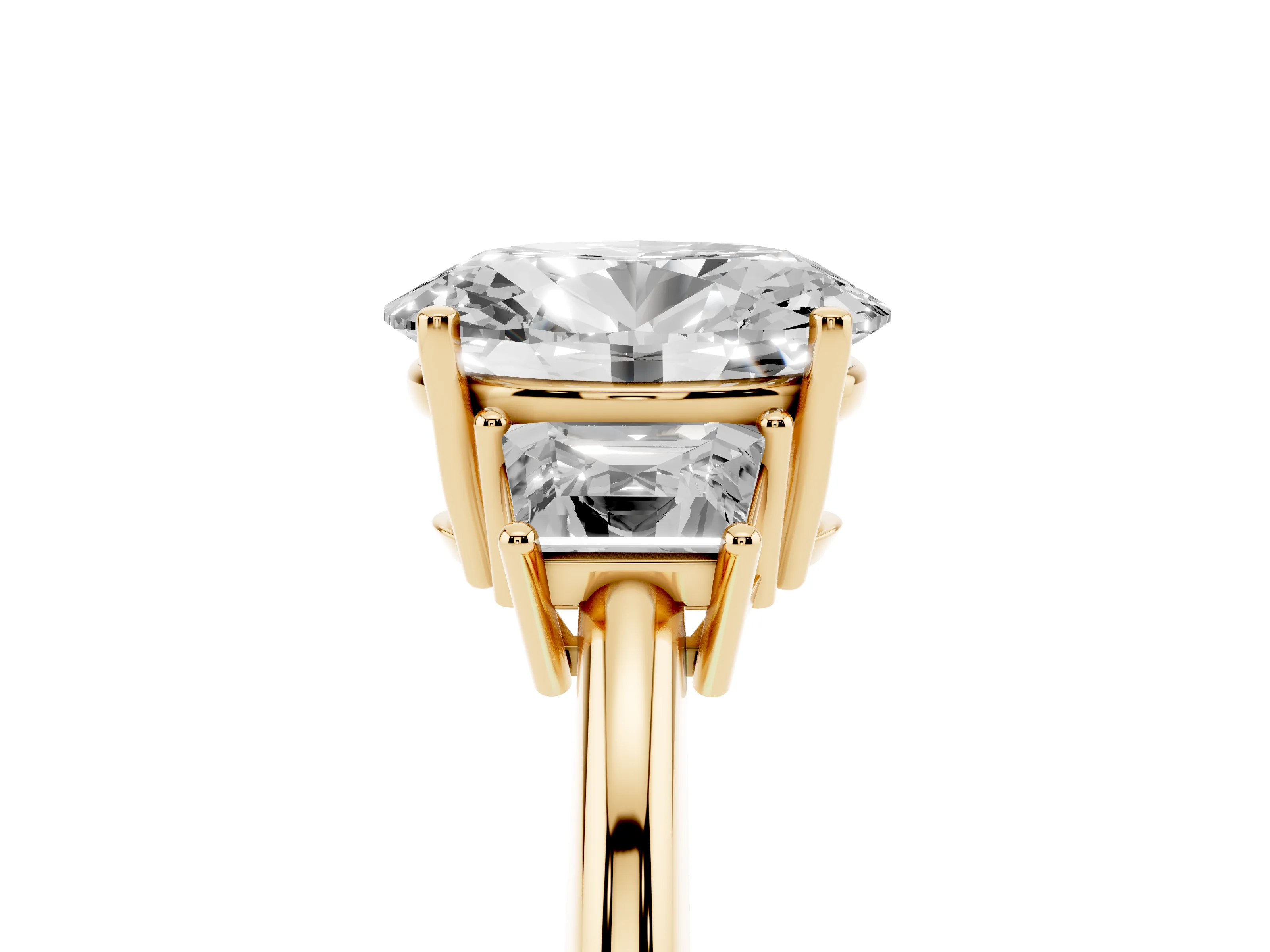 Oval Cut Diamond Three-Stone Ring Set in Yellow gold with Trapezoid Side Stones and Prong Setting