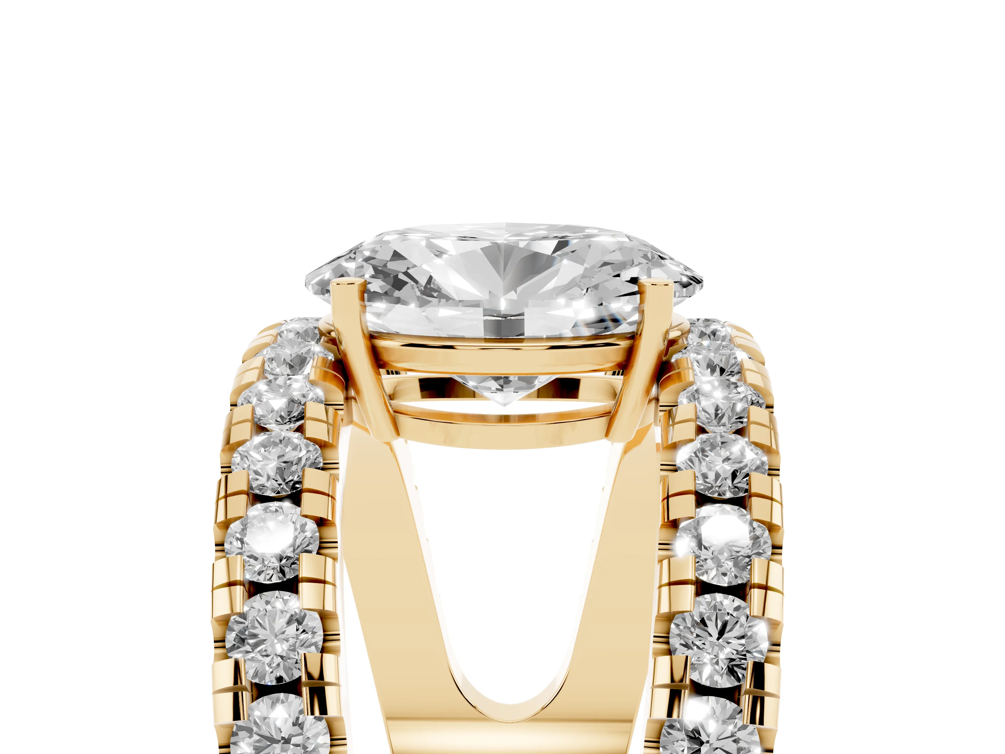 Oval Cut Diamond Split Shank Pavé Solitaire Ring Set in Yellow gold with Open Shank Design