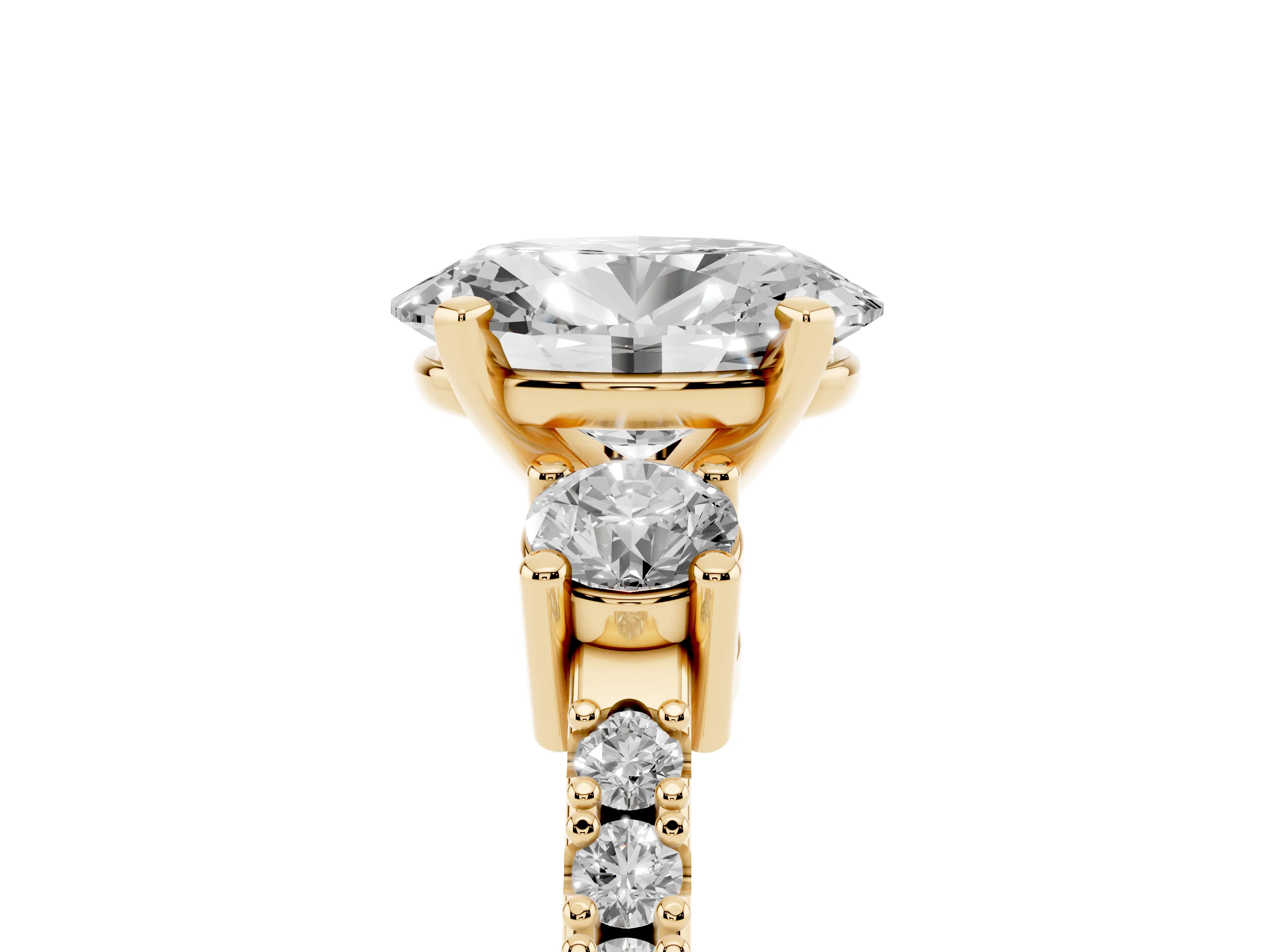 Three-Stone Oval Cut Diamond Pavé Band Ring Set in Yellow gold with Prong Setting
