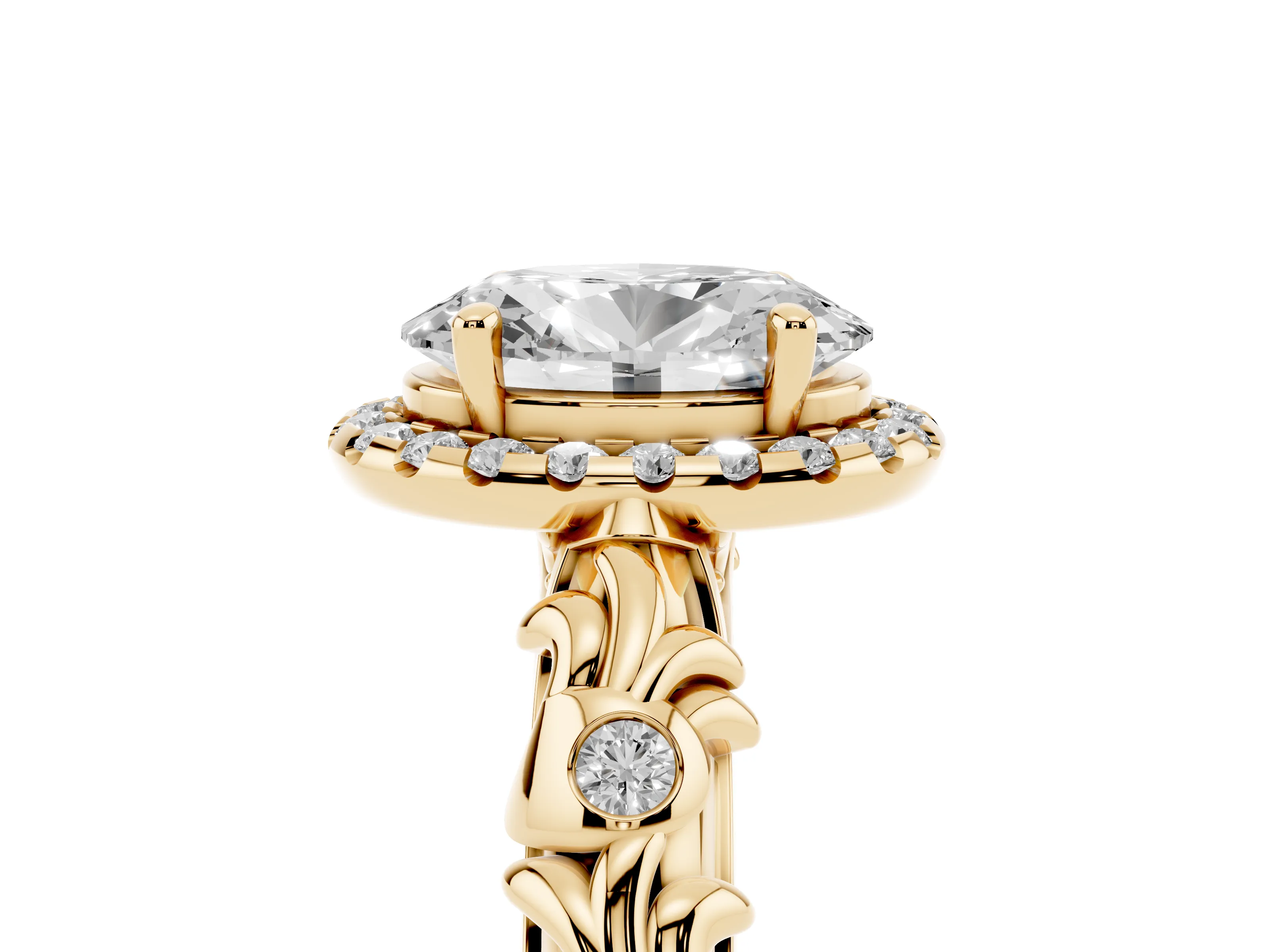 Oval Cut Diamond Halo Ring Set in Yellow gold with Filigree Leaf Band and Prong Setting