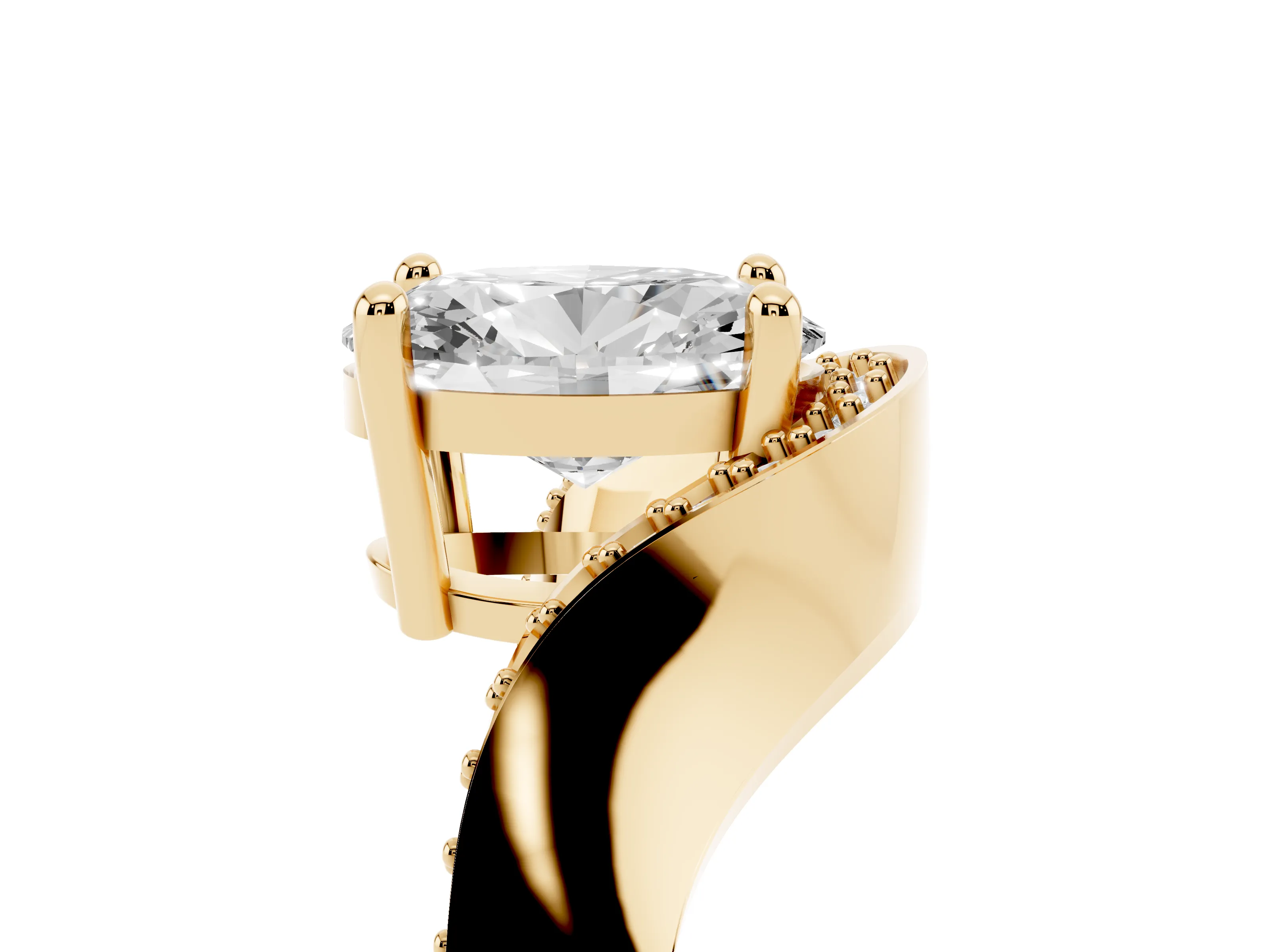 Oval Cut Diamond Solitaire Engagement Ring Set in Yellow gold with Pavé Shoulders