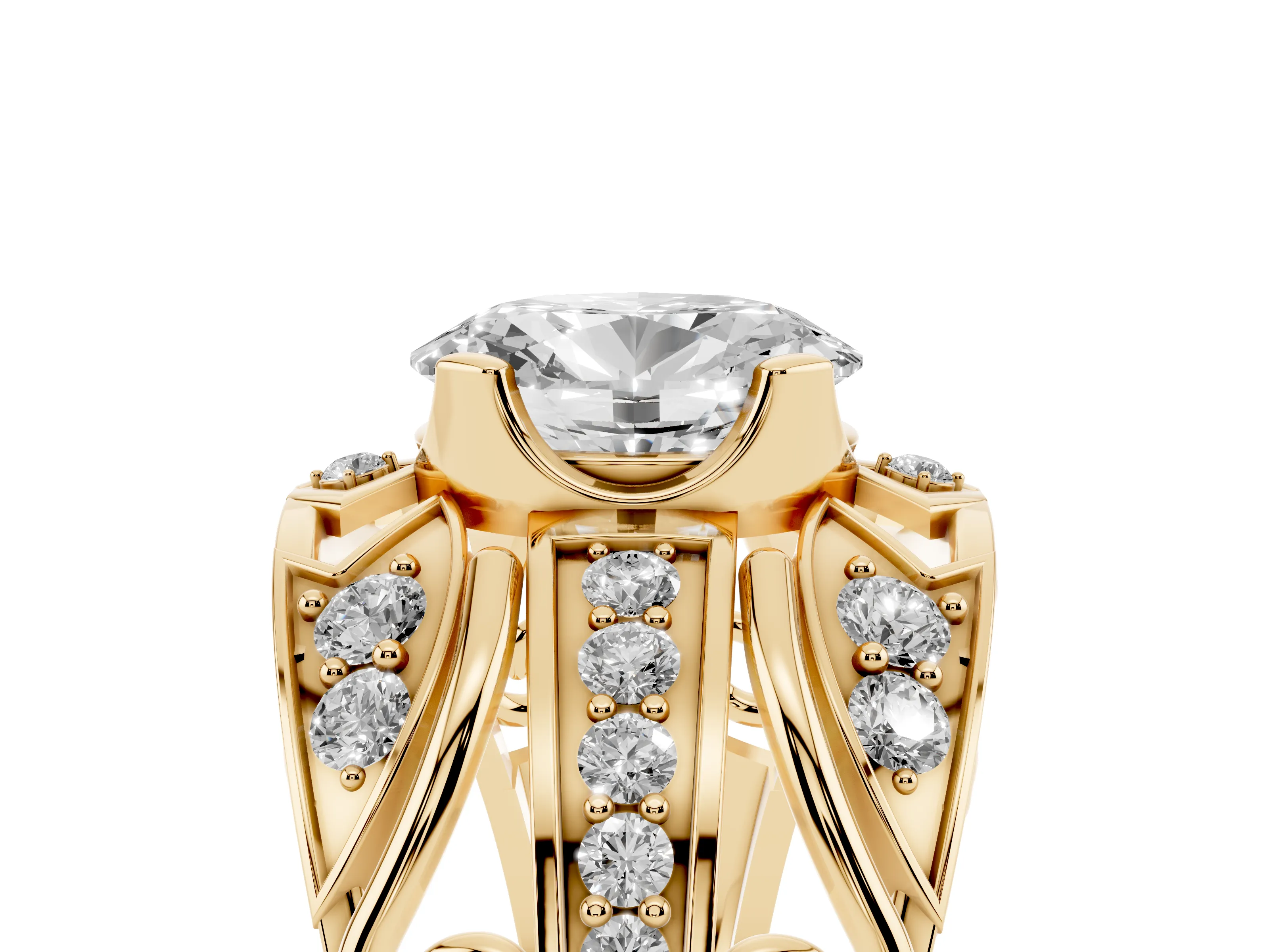 Oval Cut Diamond Art Deco Ring Set in Yellow gold with Pavé Split Shank