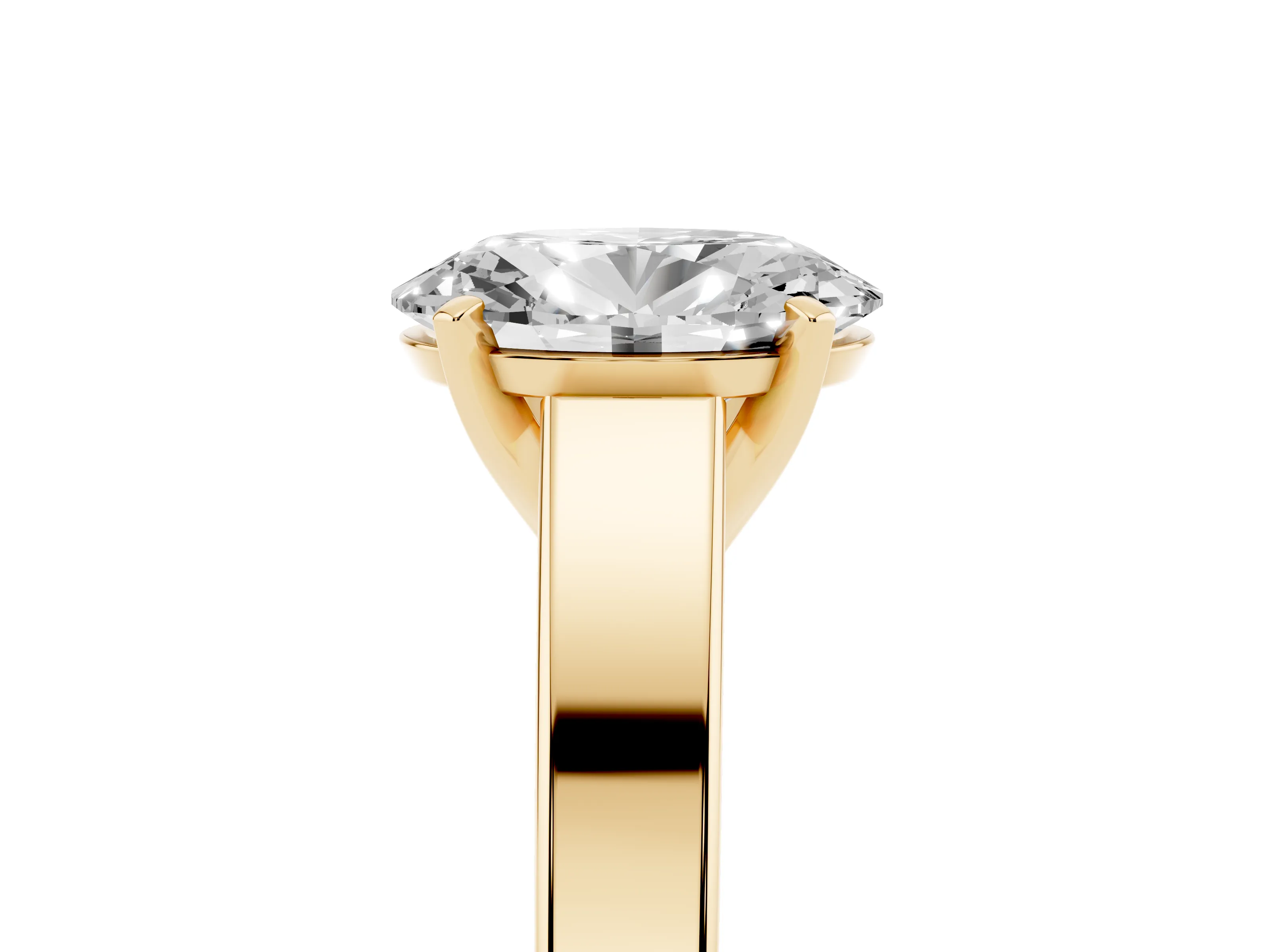 Oval Cut Diamond Solitaire Engagement Ring Set in Yellow gold with Prong Setting and Tapered Band