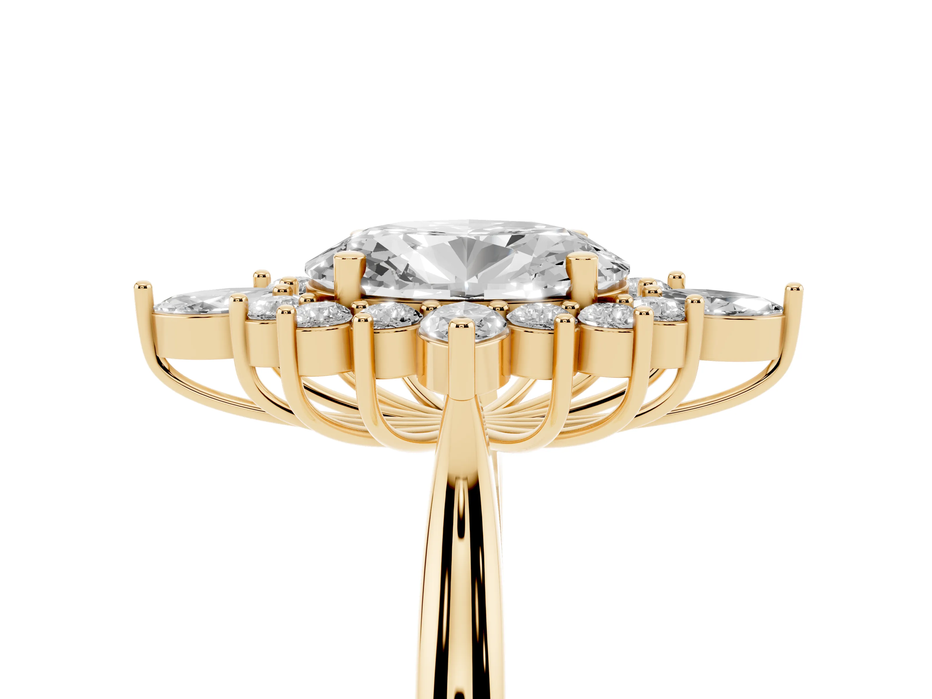 Oval Cut Diamond Cluster Halo Ring Set in Yellow gold with Marquise and Round Accents