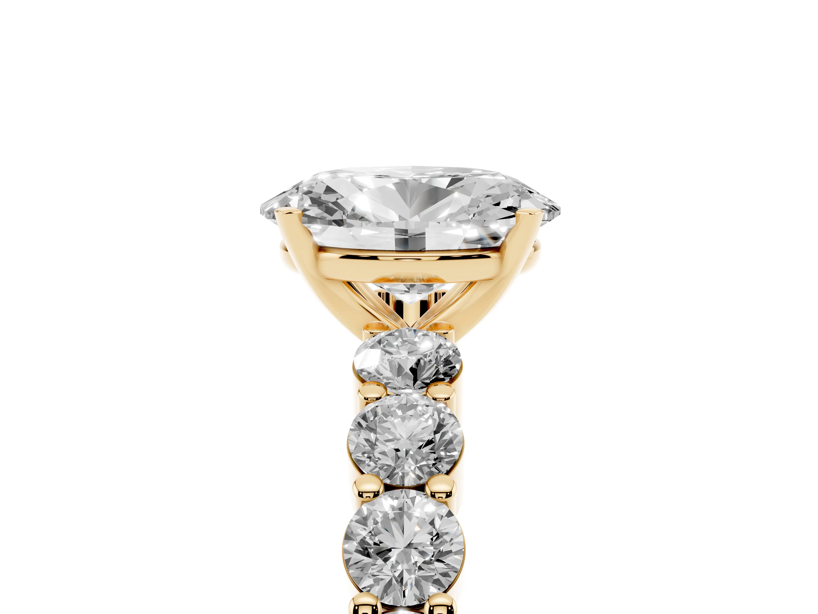 Oval Cut Diamond Solitaire Ring Set in Yellow gold with Shared Prong Round Side Stones