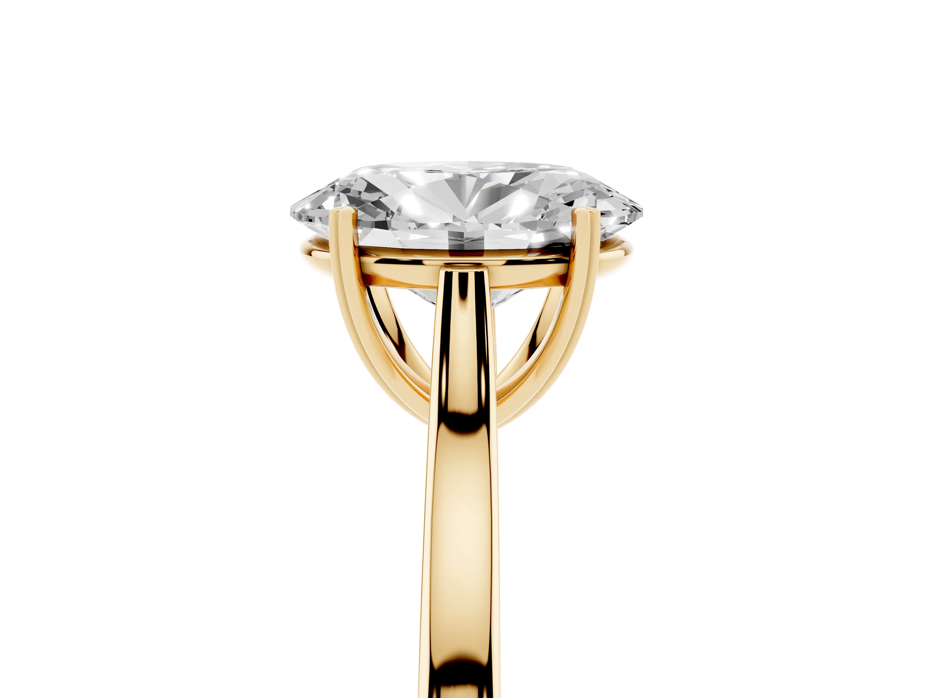 Oval Cut Diamond Solitaire Heart Prong Engagement Ring Set in Yellow gold with Tapered Band