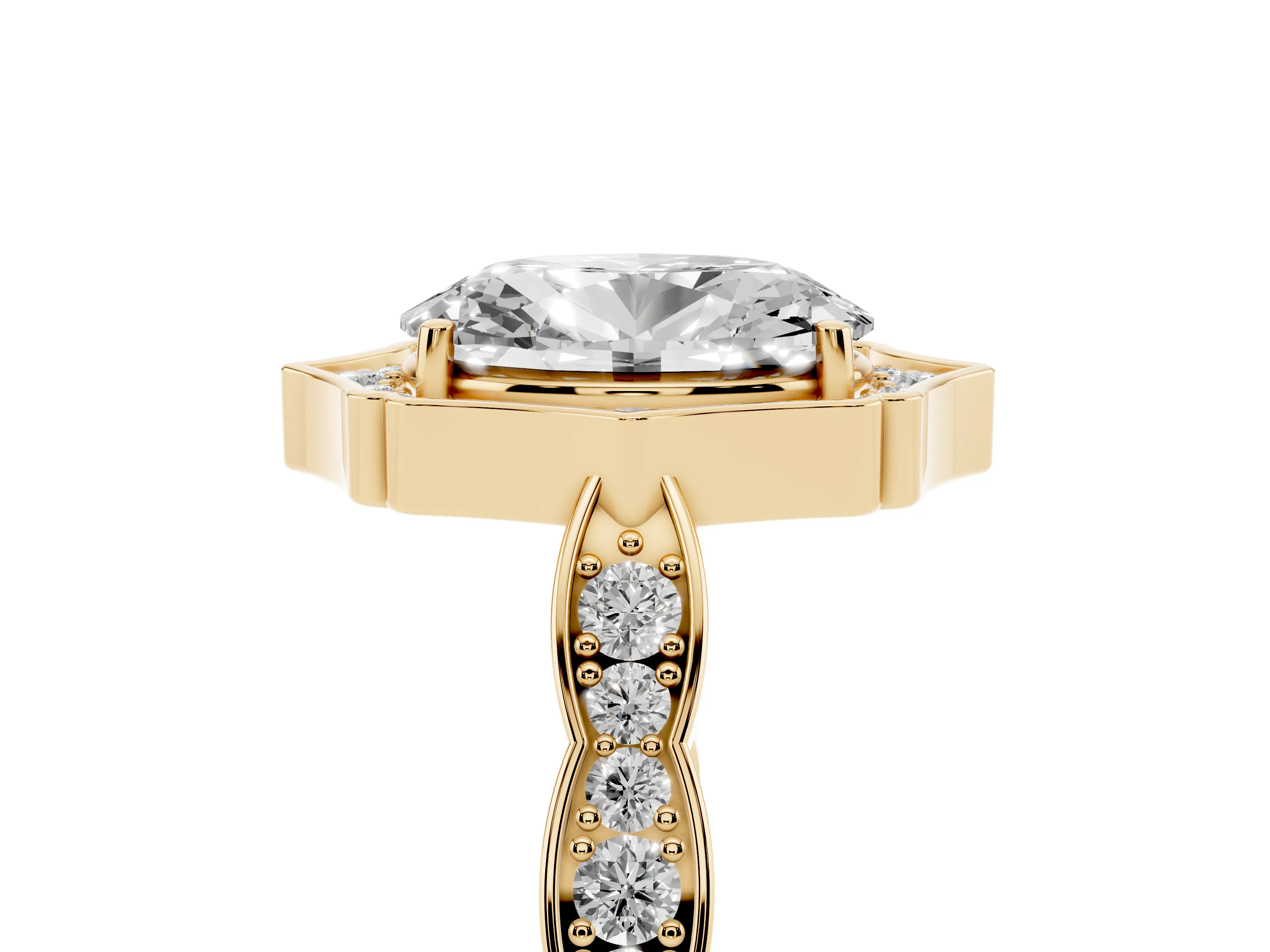 Oval Cut Diamond Halo Engagement Ring Set in Yellow gold with Milgrain Band and Prong Setting