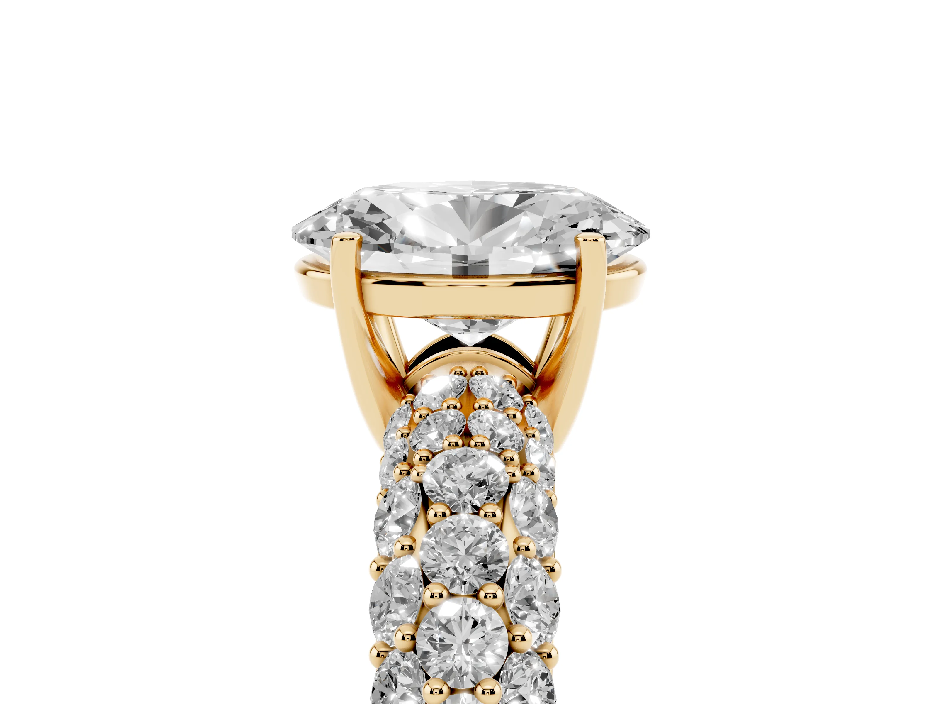 Oval Cut Diamond Pavé Band Solitaire Ring Set in Yellow gold with Close-Set Accent Stones and Prong Setting