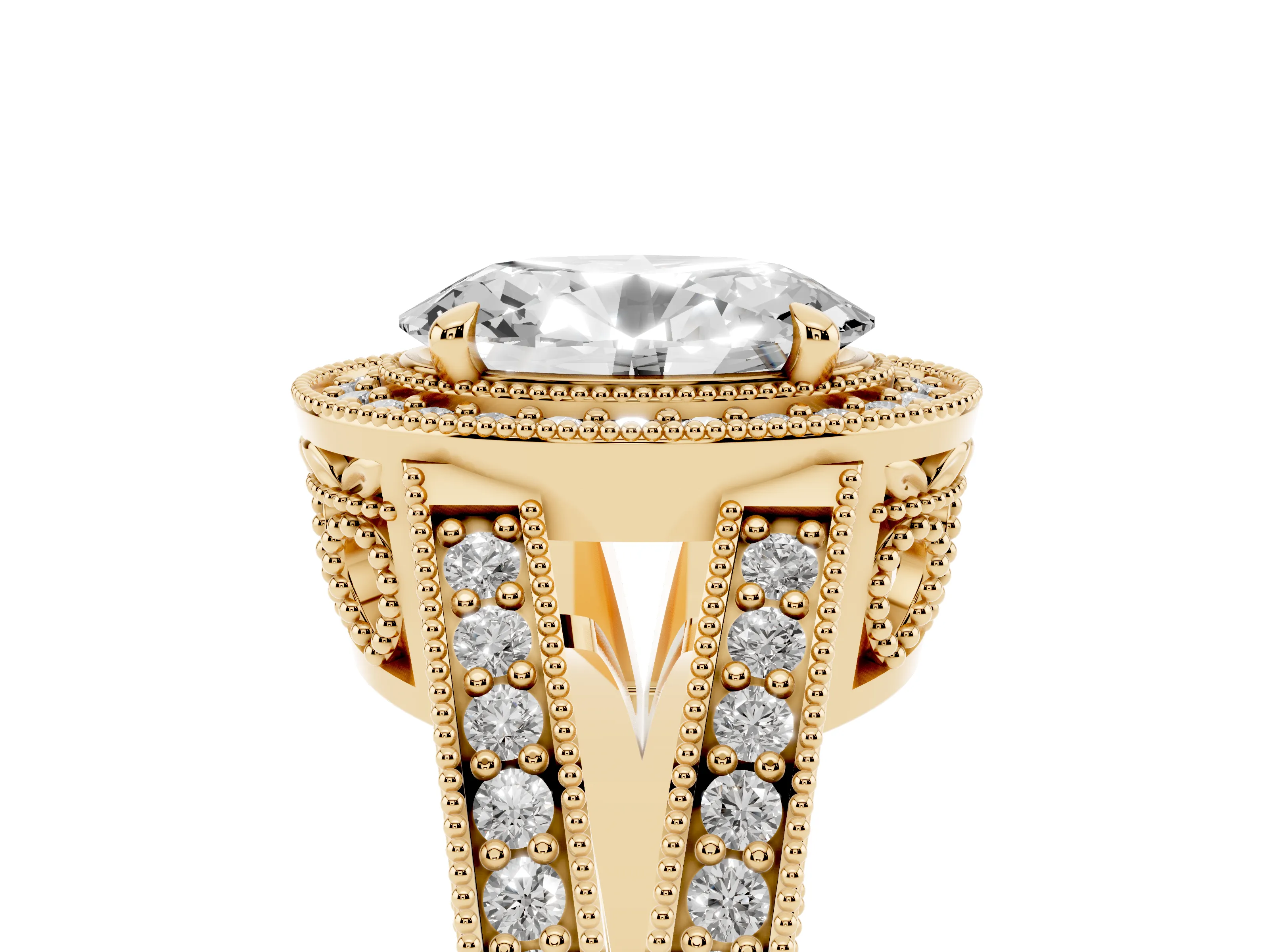 Oval Cut Diamond Halo Ring Set in Yellow gold with Stone-Set Split Shank and Milgrain Edges