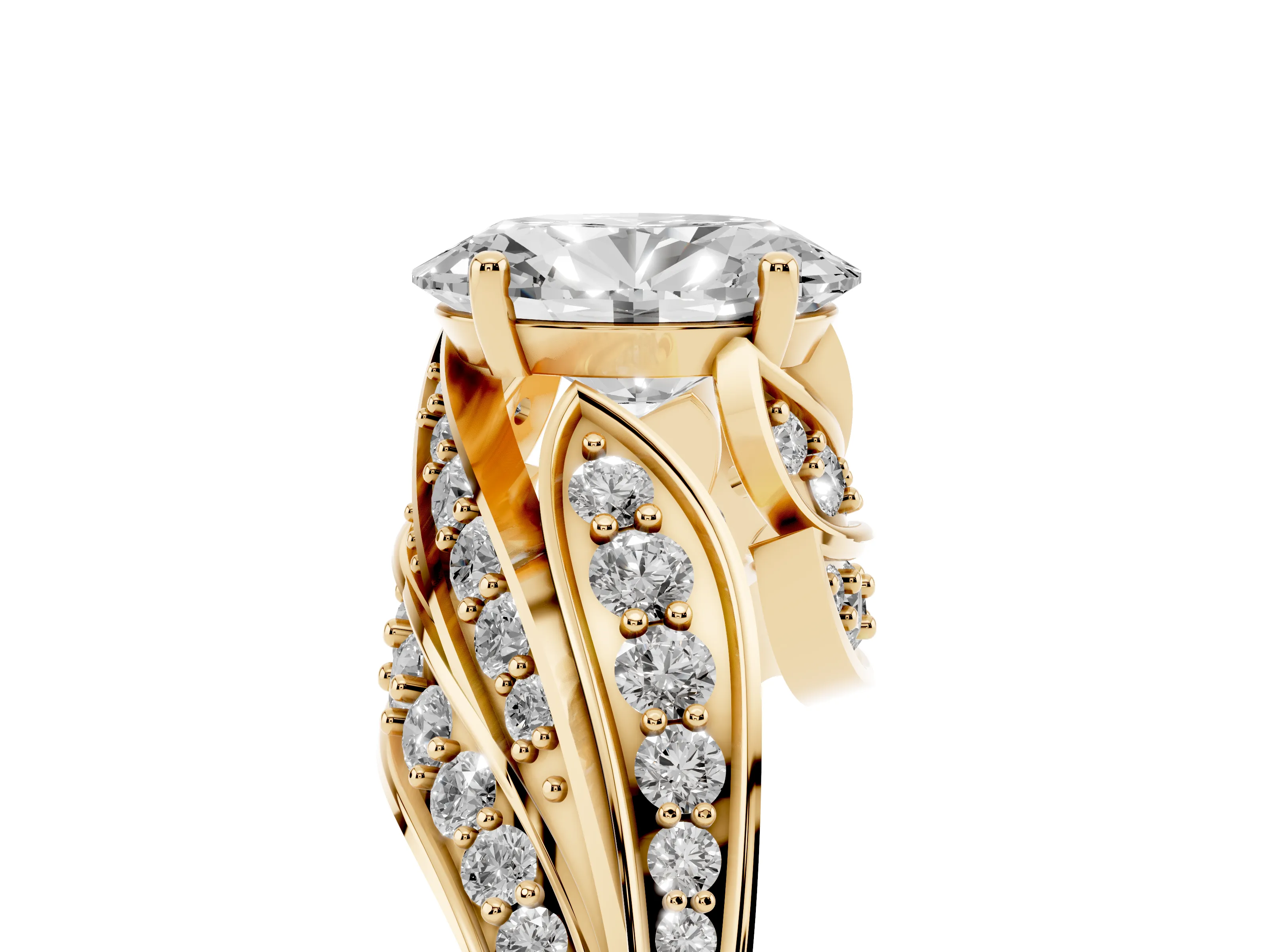 Oval Cut Diamond Solitaire Ring Set in Yellow gold with Layered Twist Pavé Band