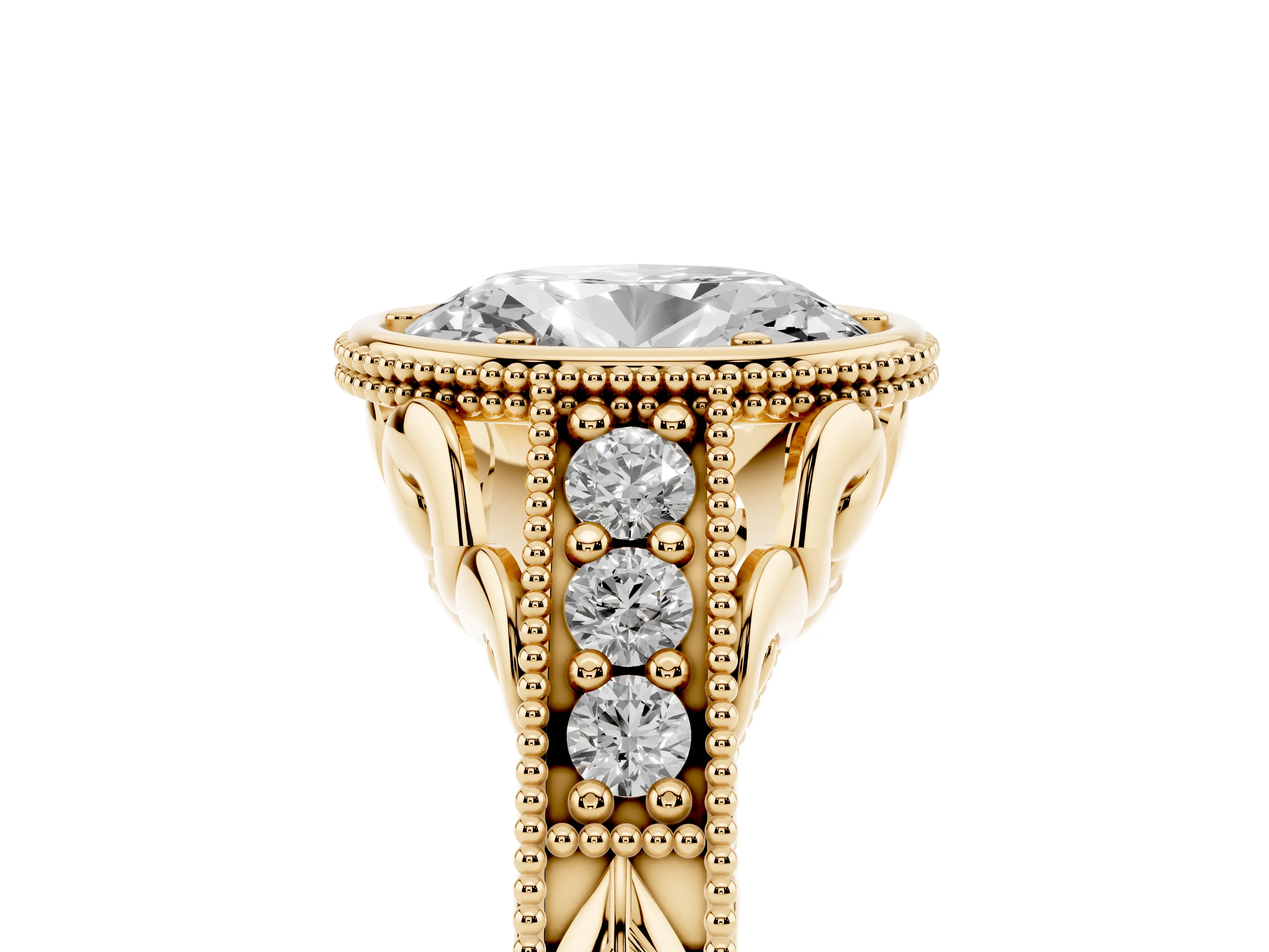 Bezel Set Oval Cut Diamond Milgrain Pavé Engagement Ring Set in Yellow gold