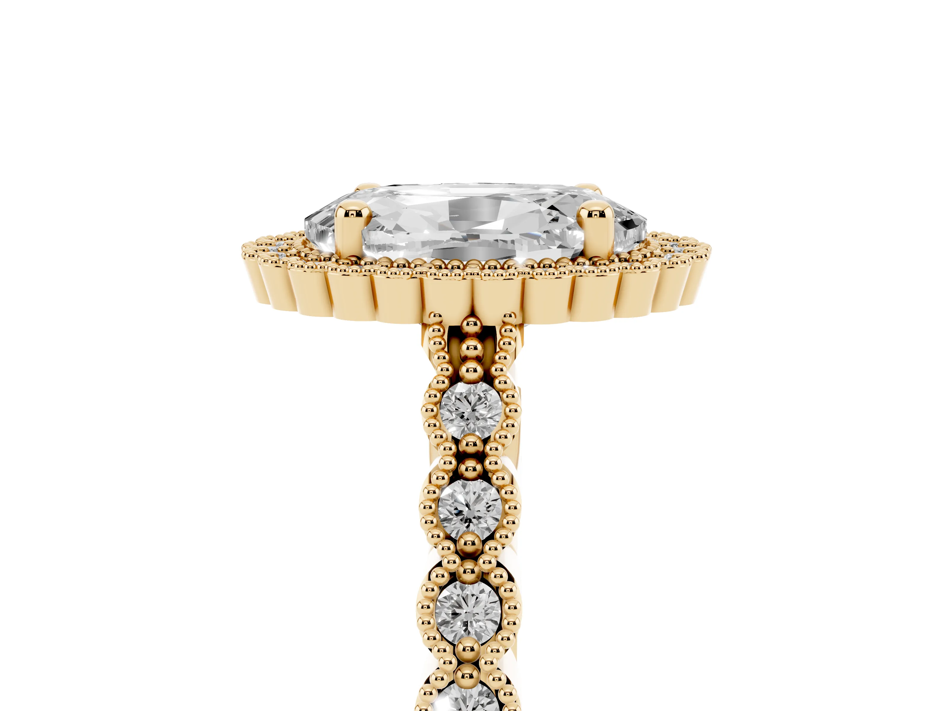 Oval Cut Diamond Halo Ring Set in Yellow gold with Pavé Milgrain Band