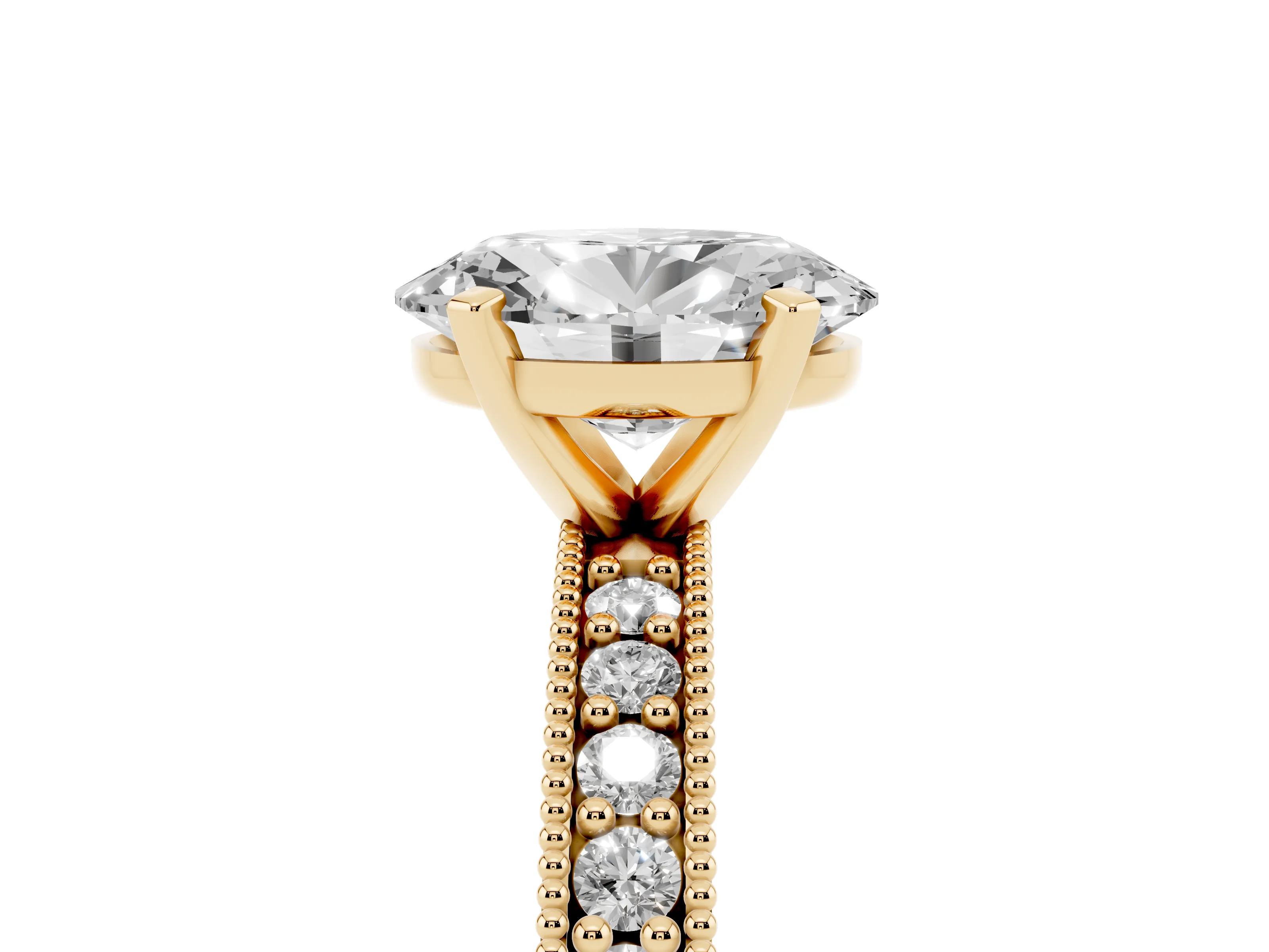 Oval Cut Diamond Milgrain Pavé Engagement Ring Set in Yellow gold with Prong Setting