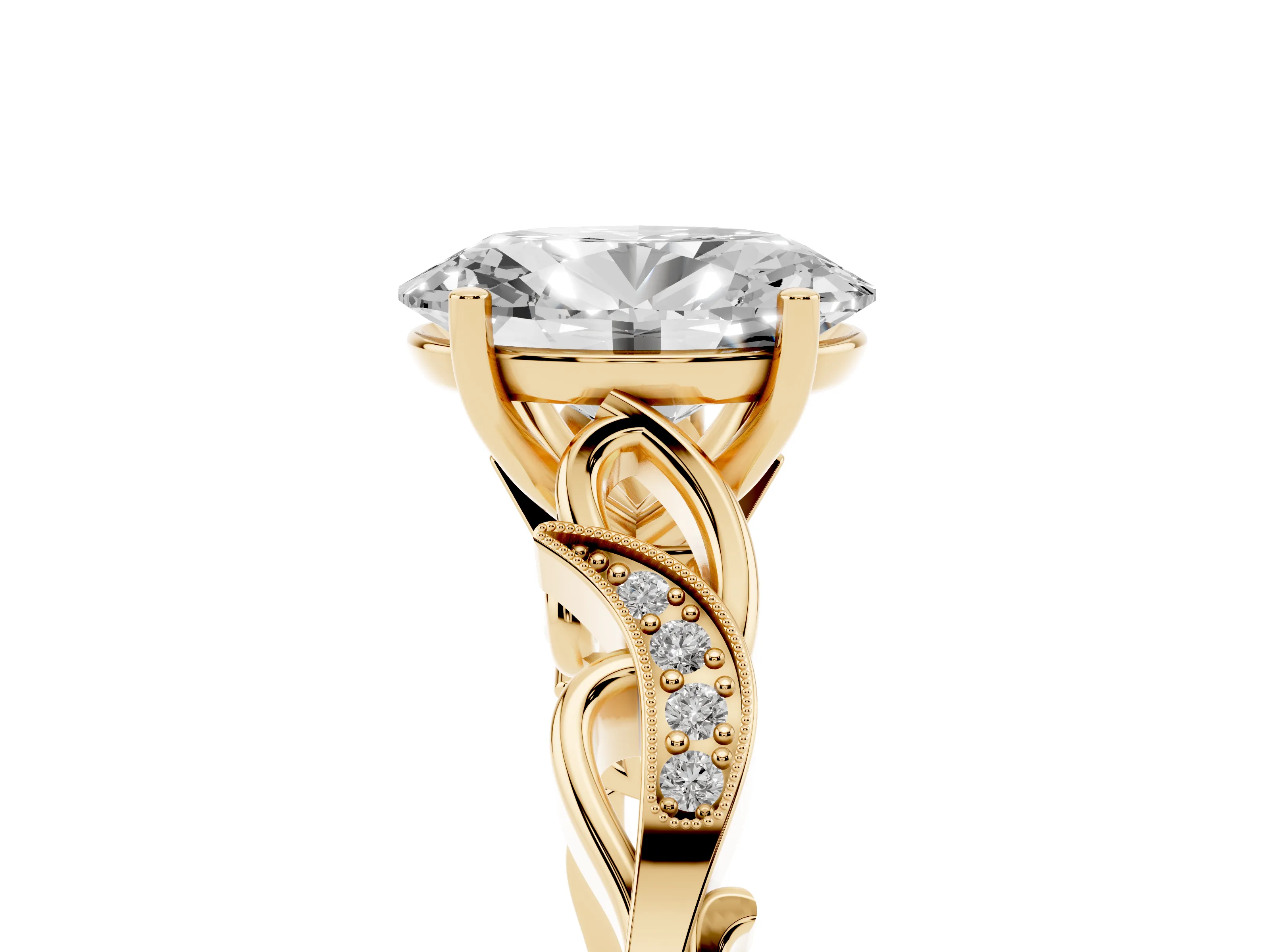 Oval Cut Diamond Vine Band Solitaire Ring Set in Yellow gold with Milgrain Prong Setting