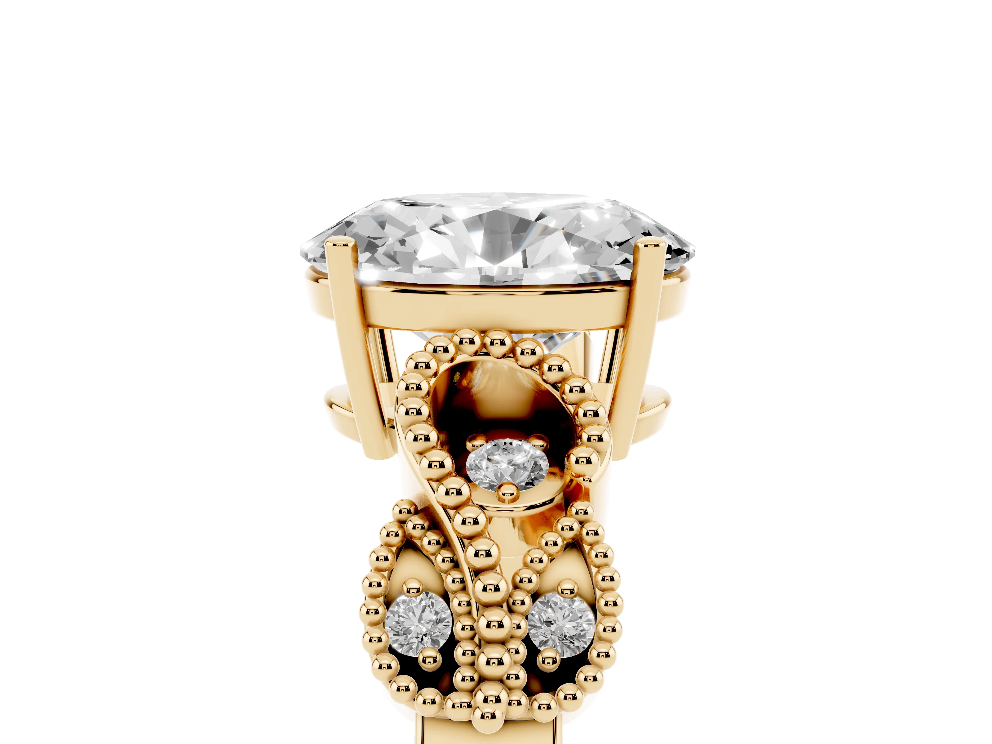 Oval Cut Diamond Milgrain Leaf Band Solitaire Ring Set in Yellow gold with Accent Stones and Prong Setting