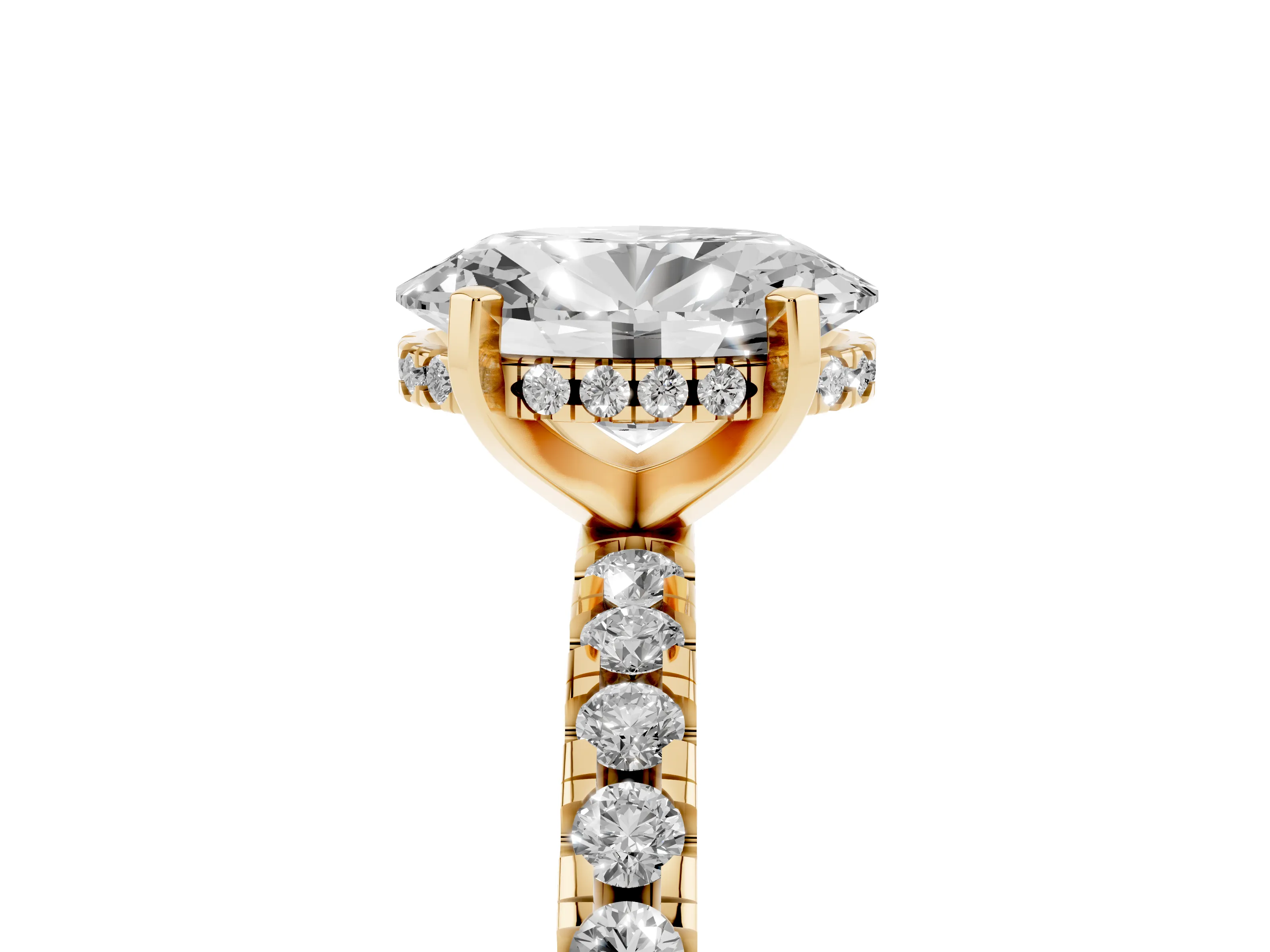 Oval Cut Diamond Pavé Solitaire Ring Set in Yellow gold with Round Band Accents and Prong Setting