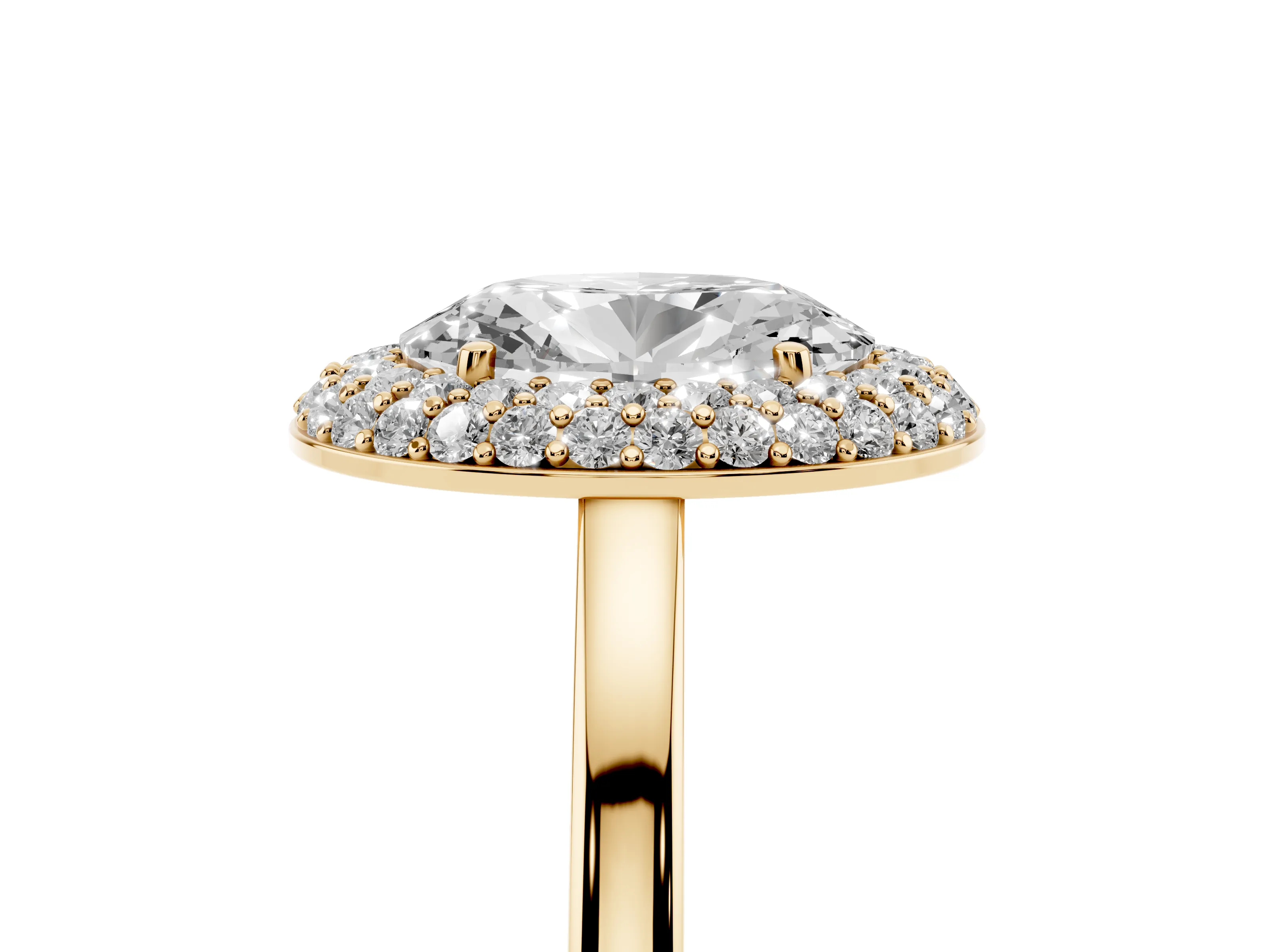 Oval Cut Diamond Halo Engagement Ring Set in Yellow gold with Solitaire Band and Prong Setting