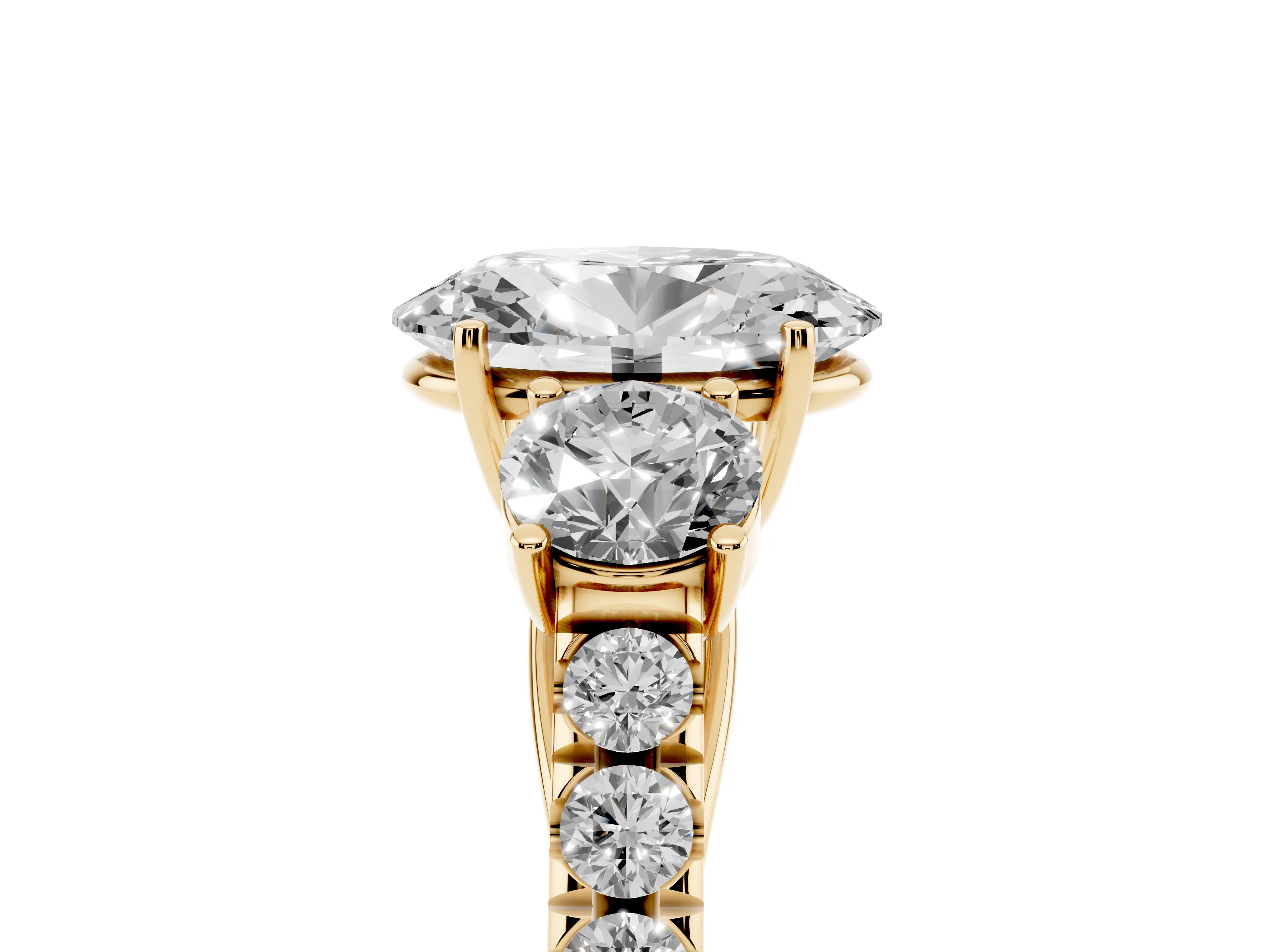 Oval Cut Diamond Three-Stone Ring Set in Yellow gold with Round Side Stones and Delicate Pavé Band