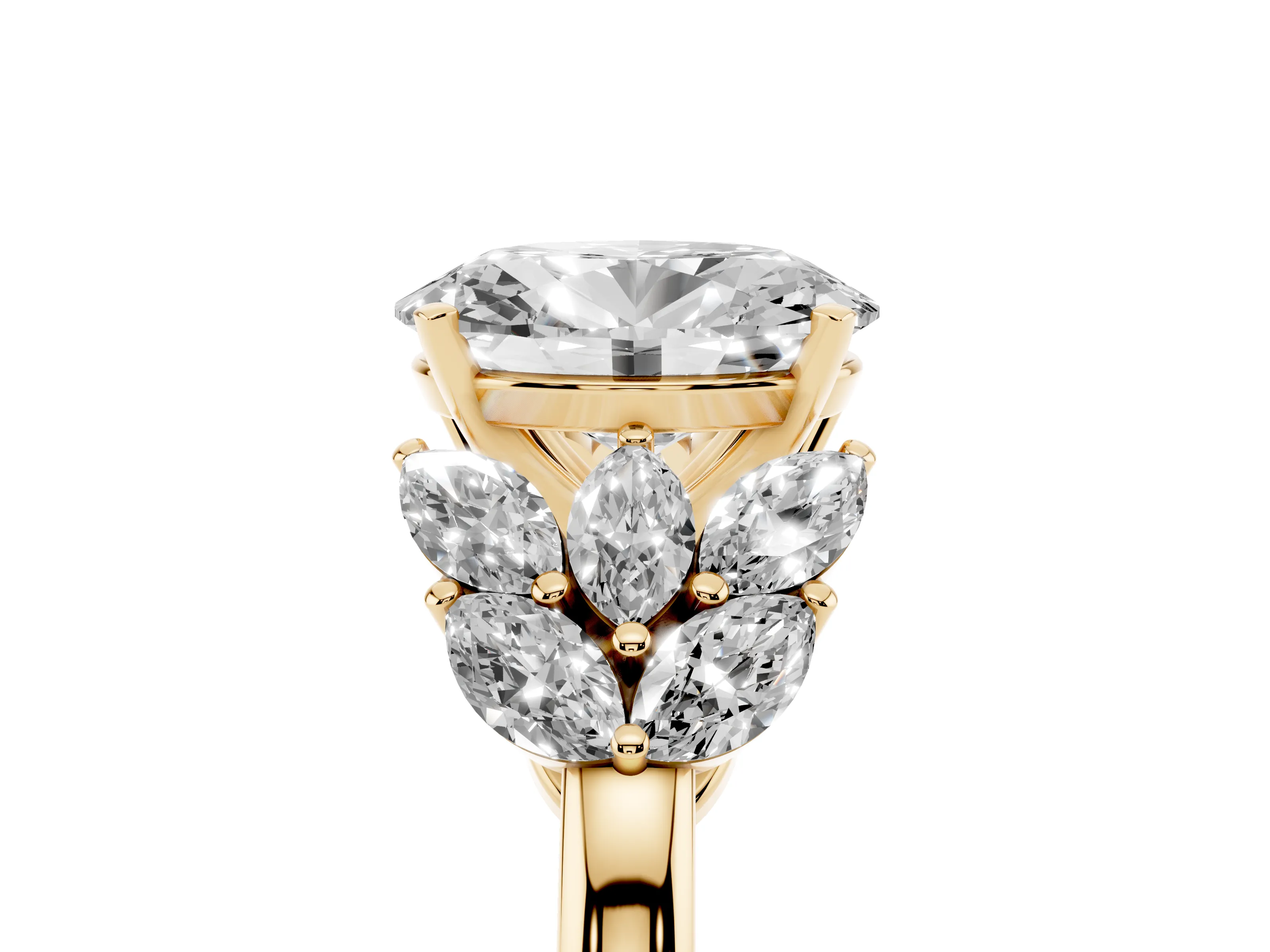 Oval Cut Diamond Cluster Leaf Design Ring Set in Yellow gold with Prong Setting