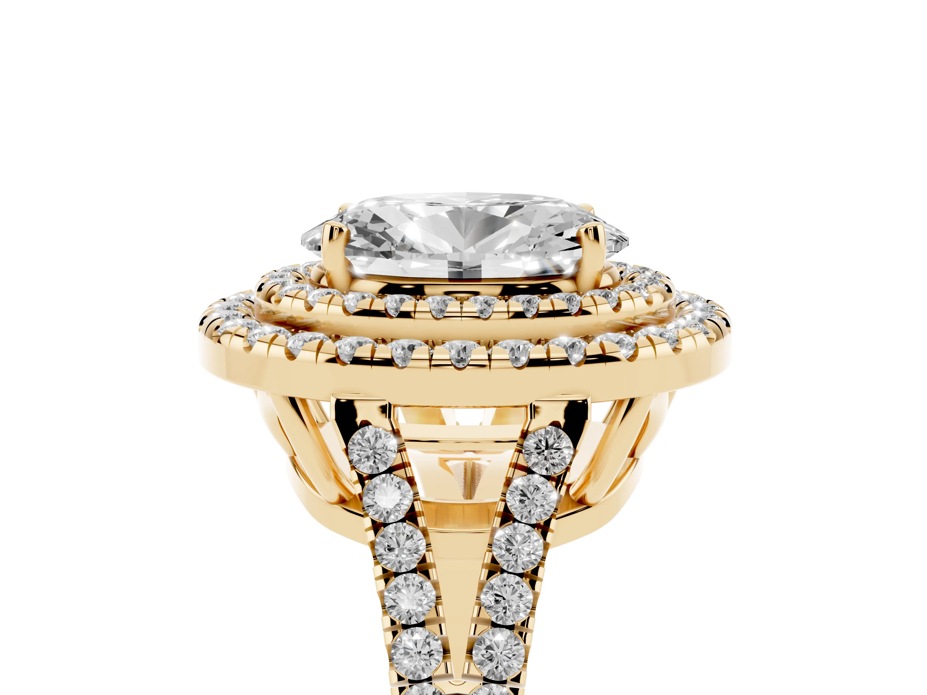 Oval Cut Diamond Double Halo Ring Set in Yellow gold with Pavé Band