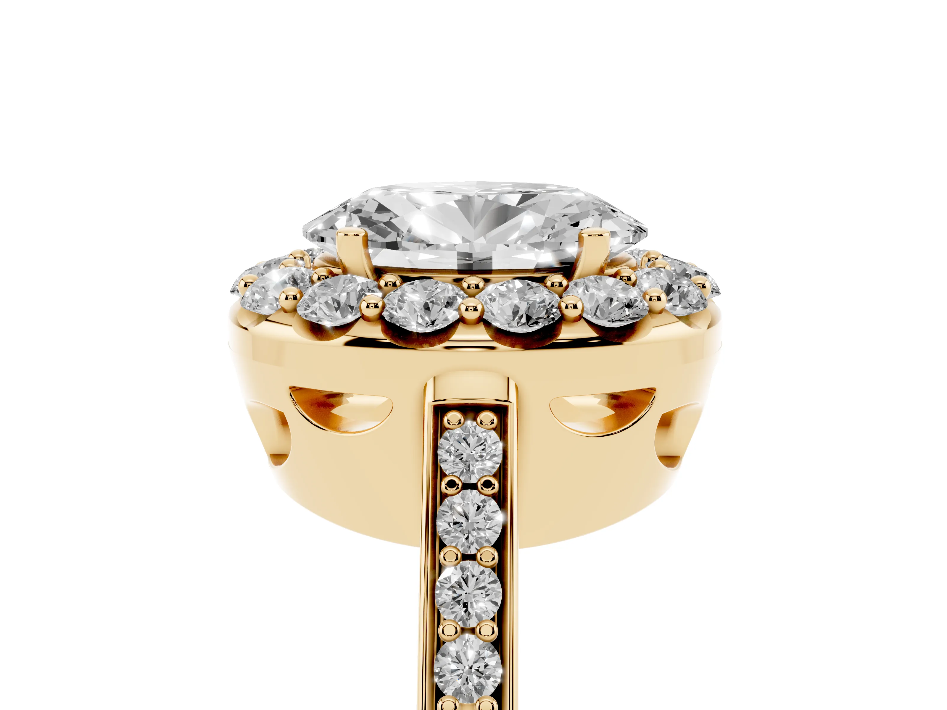Oval Cut Diamond Floral Halo Ring Set in Yellow gold with Pavé Band and Prong Setting