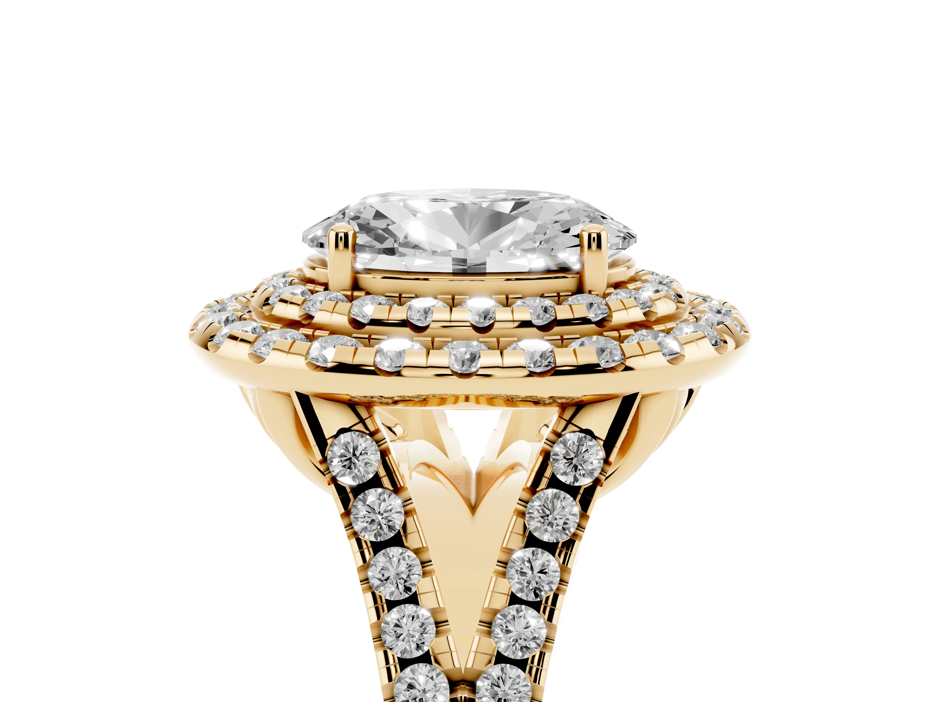 Oval Cut Diamond Double Halo Ring Set in Yellow gold with Pavé Split Shank and Prong Setting