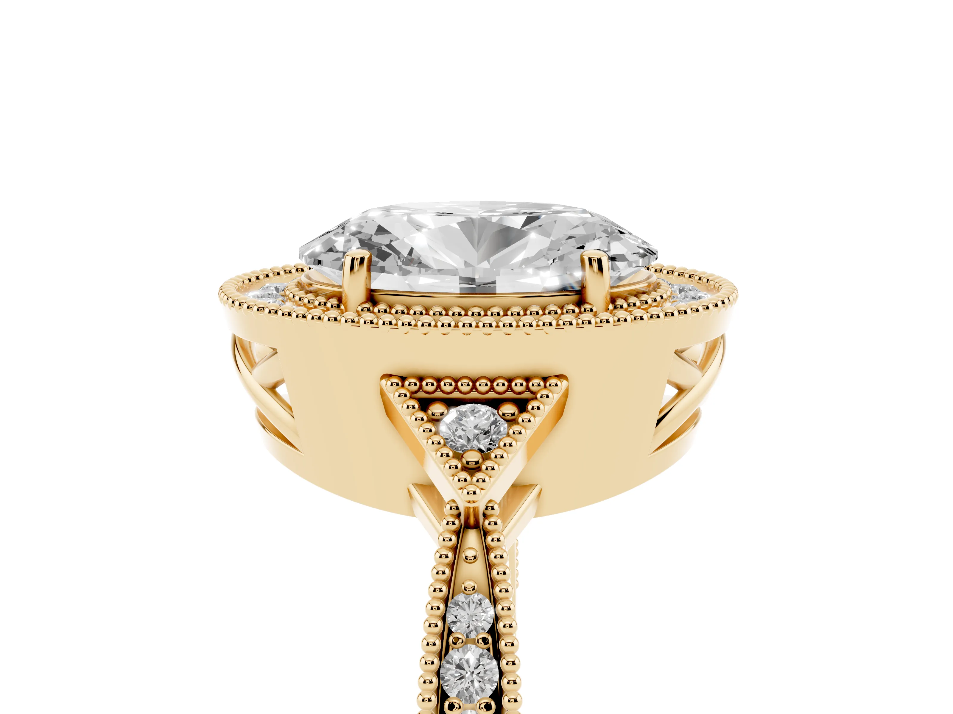 Oval Cut Diamond Halo Engagement Ring Set in Yellow gold with Milgrain Pavé Band